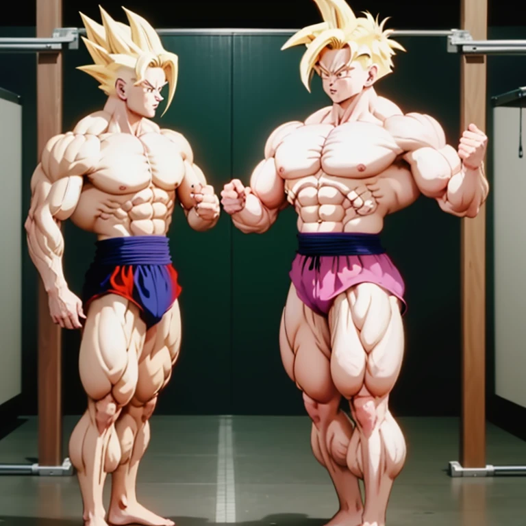 (Eine detaillierte Zeichnung von gohan, bodybuilding gym.), shirtless, huge muscle Body, Big Bizeps, Big shoulders, muscukar legs,abs, barefoot, beinpresse, foot Training, Kicks