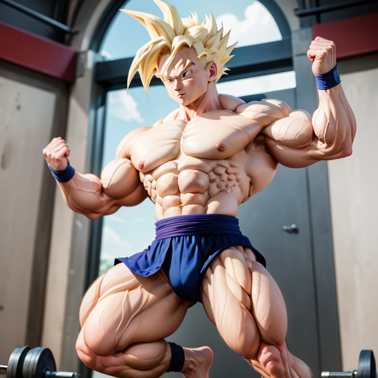 (Eine detaillierte Zeichnung von gohan, bodybuilding gym.), shirtless, huge muscle Body, Big Bizeps, Big shoulders, muscukar legs,abs, barefoot, beinpresse, foot Training, Kicks