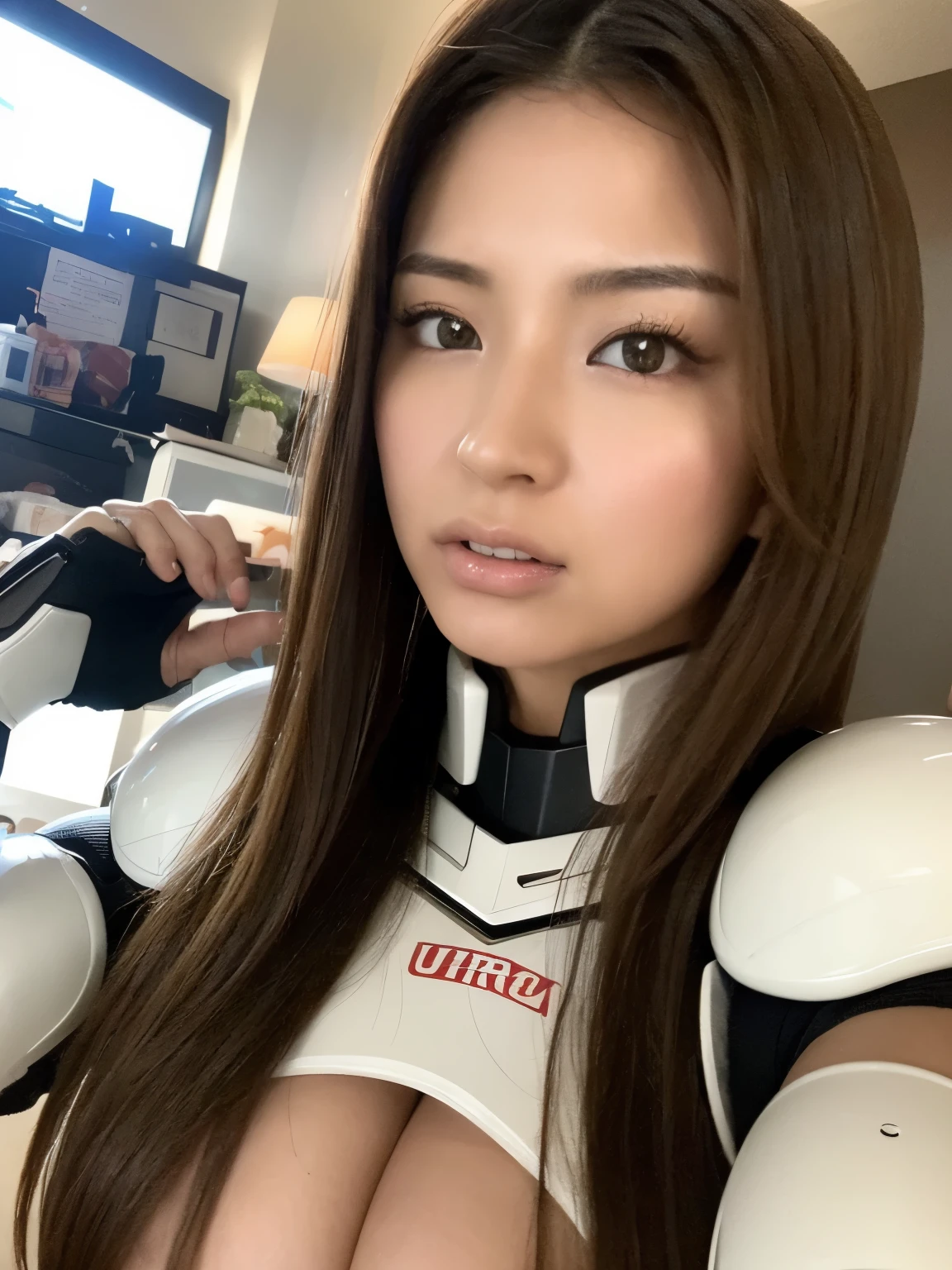 (highest quality, 8K, 32K, masterpiece, UHD:1.3), (Attractive Japanese woman photo), 1 girl, ((big boobs:1.4)), (long wavy hair), abs, perfect body, super detailed face, detailed lips, fine eyes, double eyelid, pajamas, on the bed, (fascinating), ((Excited:1.5)), ((Areola slippage)), ((in the heat)), ((mature woman)) sexy girl, Big breasts, beautiful asian girl, gorgeous chinese model, amazing beauty, Girl wearing mechanical cyber armor, blowjob white mecha, female mecha, mechanical valkyrie girl, beautiful white girl cyborg, armor girl, Wearing sci-fi military armor, science fiction woman, wearing white futuristic armor, gorgeous female paladin, mechanized soldier girl