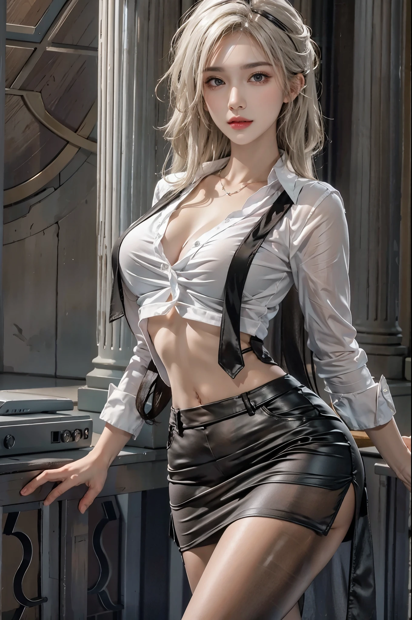 realistic, High resolution, soft light,1 female, alone, hip up, glowing skin, (detailed face),tattoo, jewelry, Secretarial Uniform, white shirt, black skirt, black stockings, garter belt, night, blonde hair, wavy hair, Beautiful Soldier, Eyes that invite the viewer, lover's perspective, an inviting look, sexy smile, perfect style, perfect balance, fine skin, naughty look, I can see your chest