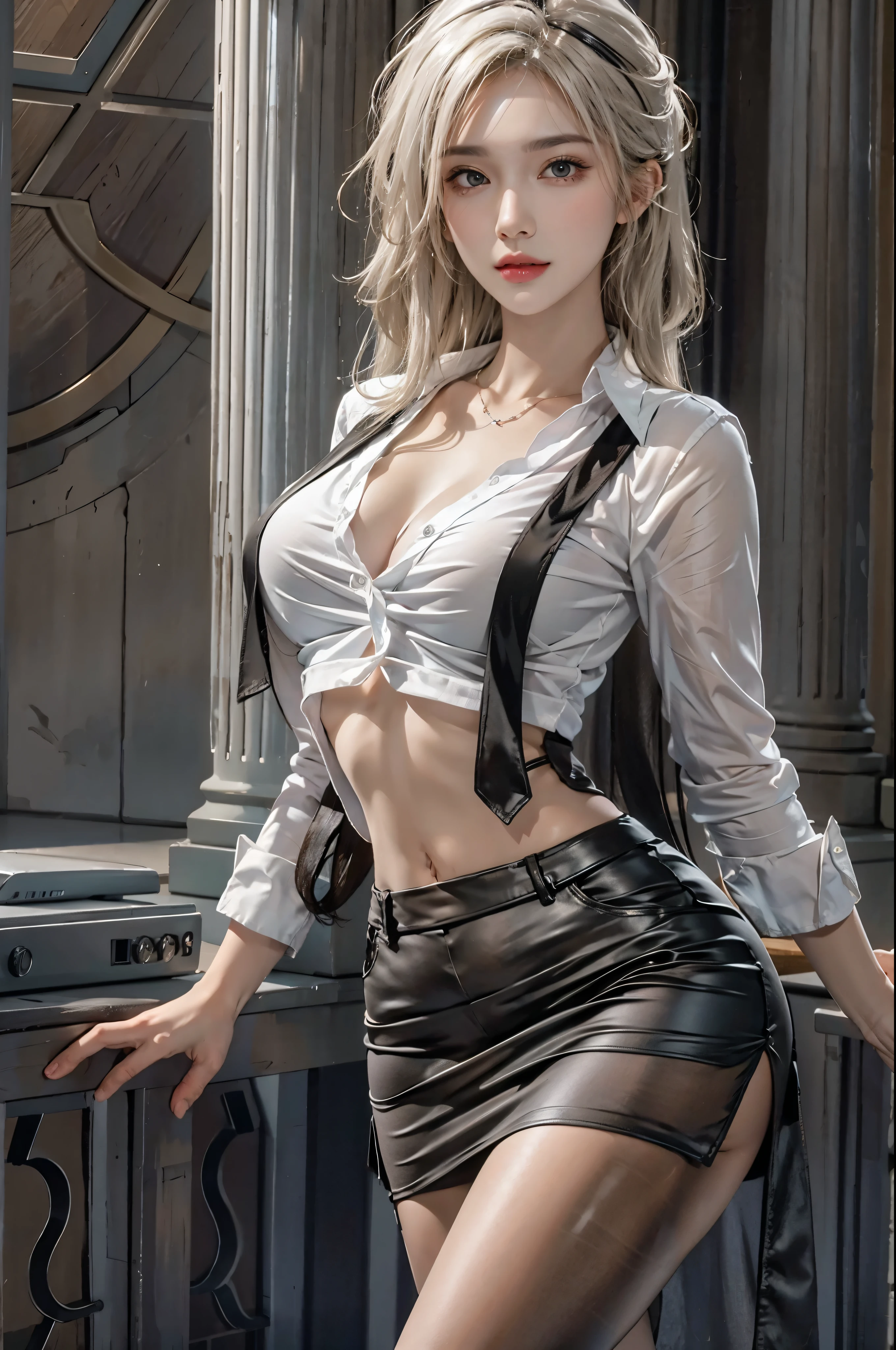 realistic, High resolution, soft light,1 female, alone, hip up, glowing skin, (detailed face),tattoo, jewelry, Secretarial Uniform, white shirt, black skirt, black stockings, garter belt, night, blonde hair, wavy hair, Beautiful Soldier, Eyes that invite the viewer, lover&#39;s perspective, an inviting look, sexy smile, perfect style, perfect balance, fine skin, naughty look, I can see your chest