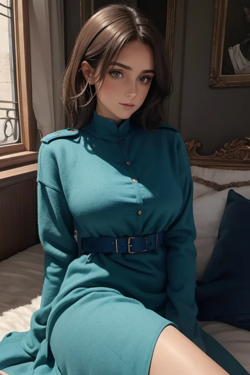 femme brune yeux verts en sous vetements bleus avec du poils sous les bras devant une chaise