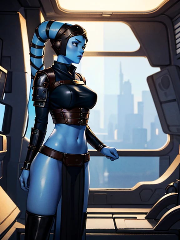 1girl, masterpiece, best quality, high-definition, busty, breasts, ((blue skin), twi'lek), sexy, confident, seductive, (wearing black tank top, panties, socks, ((busty))), slender body, thin, slim sexy body, slim waist, ((((huge breasts))))), futuristic apartment, Star Wars,