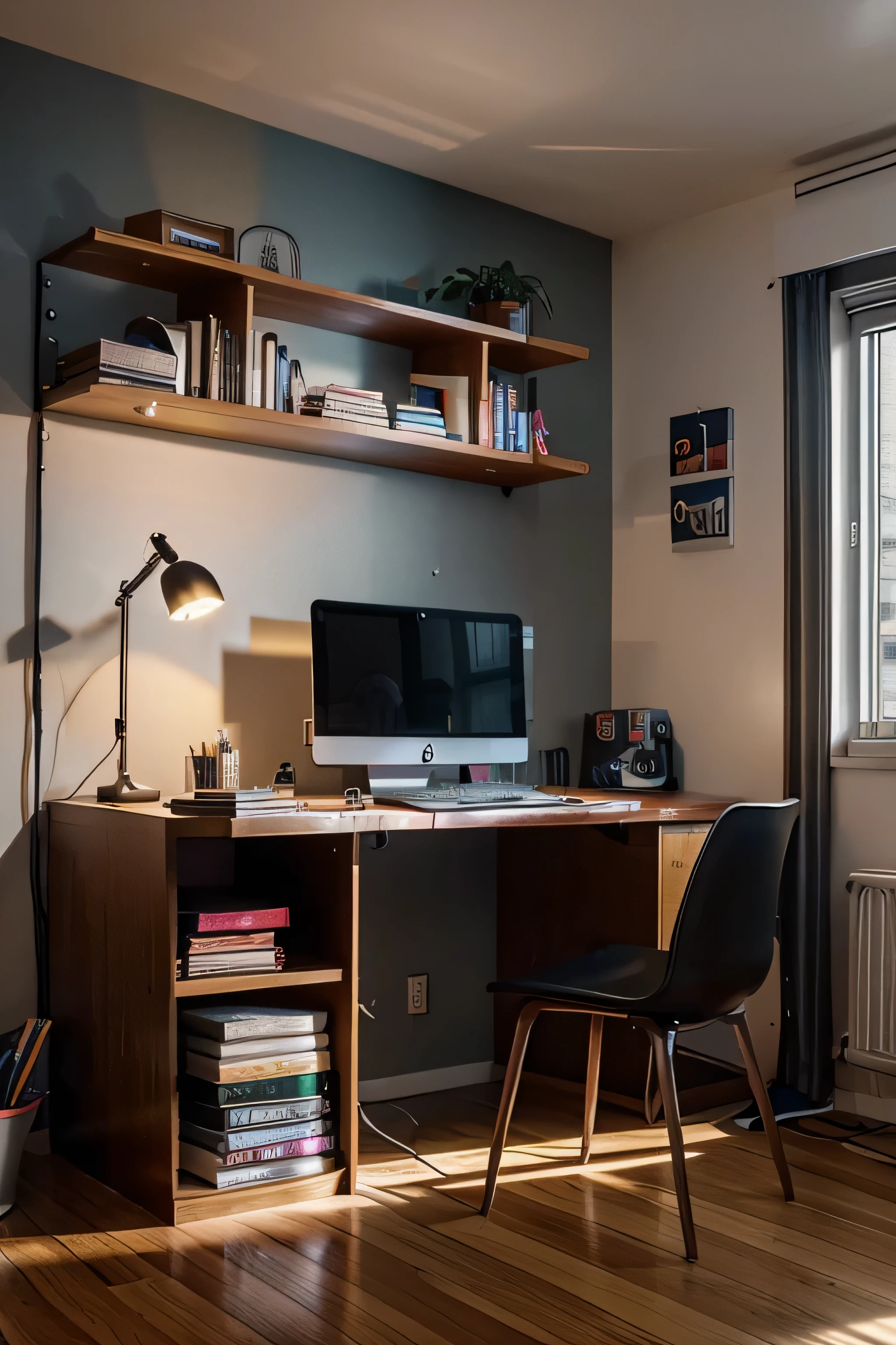 generate a realistic Youtube background. It has a floating shelf with books and a modern decoration light, and there is RGB light on the floor. There is a desk with a msi laptop in the middle of the room. There is artistic photo frames.