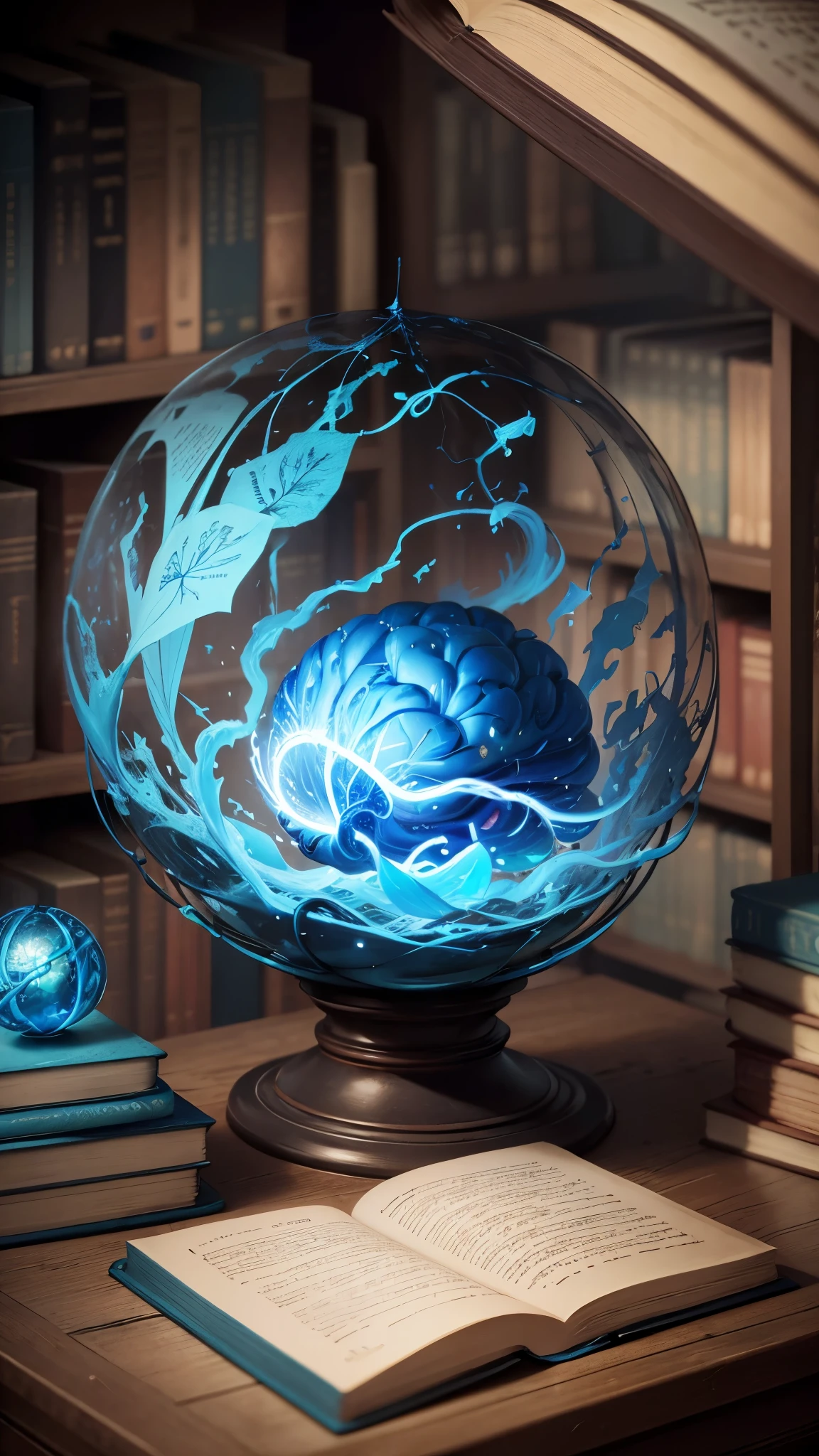 Capture the convergence of knowledge and creativity in one image. Photograph a surreal blue brain emerging from an old book in a silent library. Highlight the connection between the human mind and the wisdom contained within the pages.