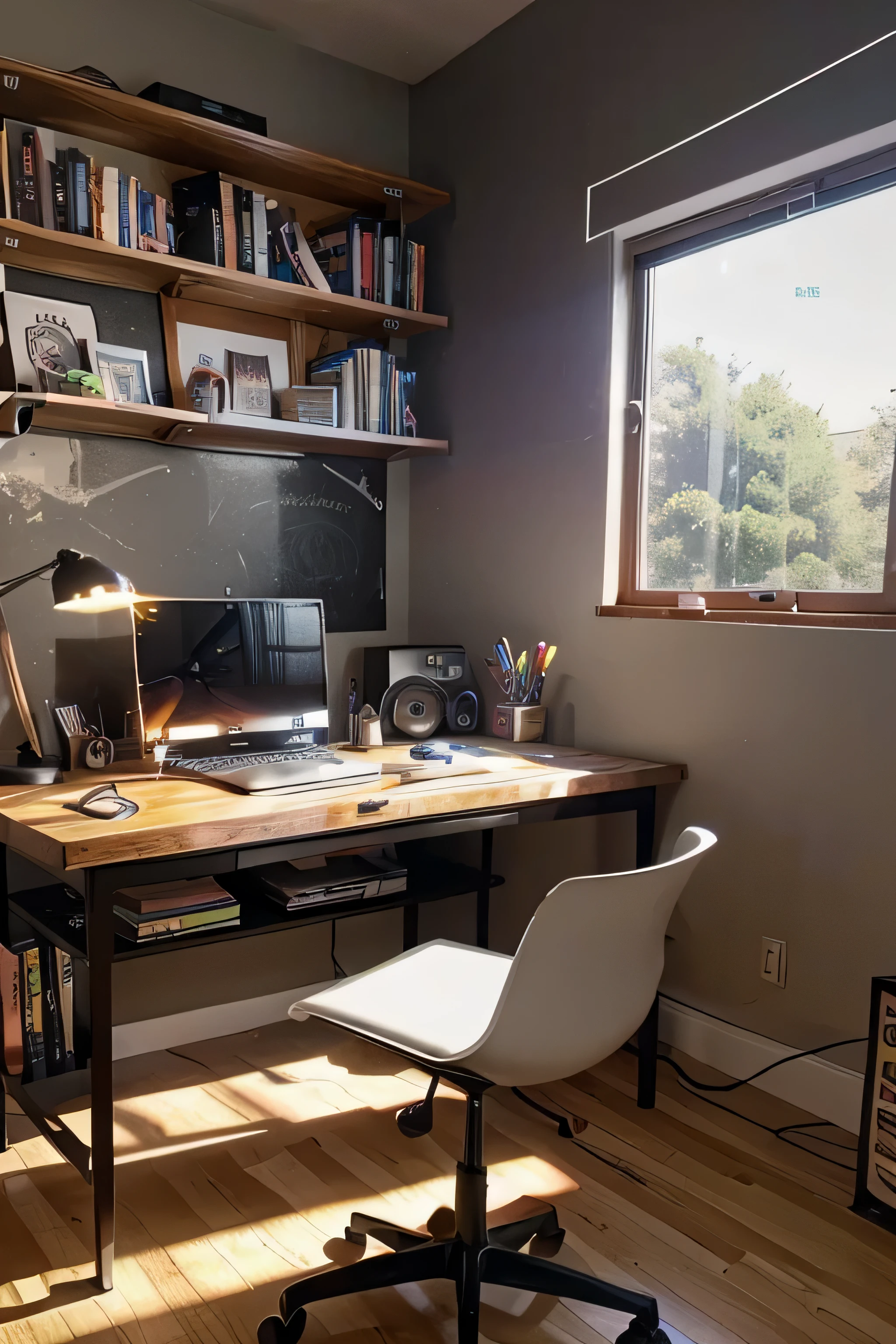generate a realistic Youtube background. It has a floating shelf with books and a modern decoration light, and there is RGB light on the floor. There is a desk with a msi laptop in the middle of the room. There is artistic photo frames.