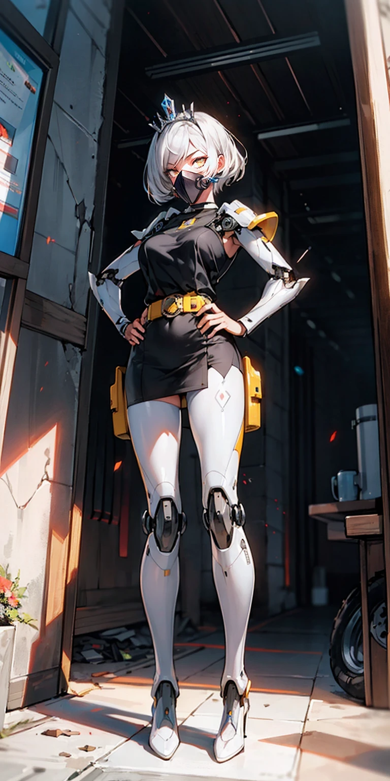 Nier Automata's 2B, with brown hair, (((wearing tight white very short one-piece dress without sleeves))), bright green eyes with brown spots, detailed lips, stain lipstick, long eyelashes, primer, cream eyeline, small low hanging and heavier breasts, narrow waist, wide hips, inflated legs, thick thighs, 4k, highly detailed face, running with sword, smoke in the beackground, wreckage around her, rubble on the ground, destroyed skyscrapers in the background, dark cloudy sky, flames in the distane, ash particles in the air, screaming with wide open mouth, wind in hair