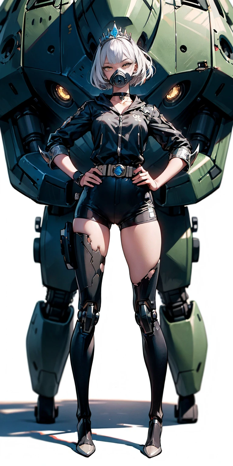 (masterpiece:1.2,high quality), 1girl, ((ultra realistic details)), global illumination, shadows, Unreal Engine, octane render, 8k, ultra sharp, metal, intricate, ornaments detailed, highly intricate details, yellow eyes, (mechanical body:1.2), white hair, (black gas mask), Gear, bob cut, hundreds of wires, Terran, (Robot, android:1.15), Apocalypse, broken buildings, full body, whole body. 1solo (girl). standing, hands on hips full body, whole body. choker, big belt, view from below, feet together, bracers, tiara