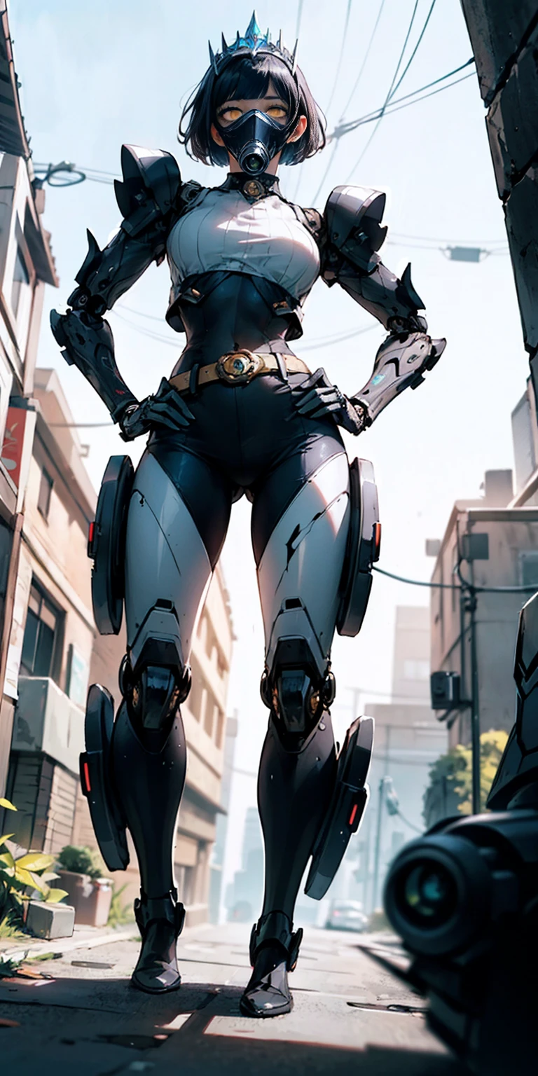 (masterpiece:1.2,high quality), 1girl, ((ultra realistic details)), global illumination, shadows, Unreal Engine, octane render, 8k, ultra sharp, metal, intricate, ornaments detailed, highly intricate details, yellow eyes, (mechanical body:1.2), white hair, (black gas mask), Gear, bob cut, hundreds of wires, Terran, (Robot, android:1.15), Apocalypse, broken buildings, full body, whole body. 1solo (girl). standing, hands on hips full body, whole body. choker, big belt, view from below, feet together, bracers, tiara