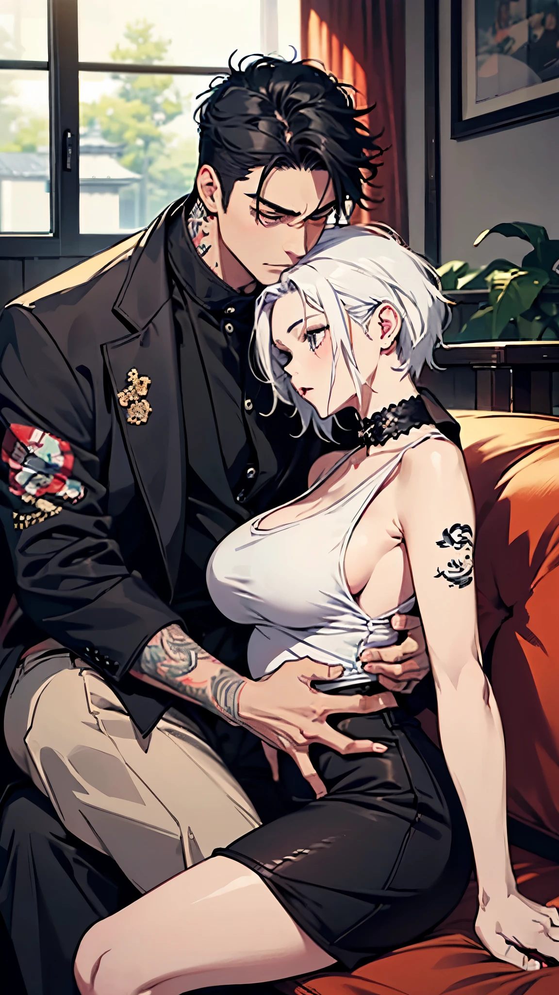 A big yakuza man with short black hair and tattoos.、A baby-faced girl with white hair and big breasts.、man and woman in love、Deep kissing on the sofa、