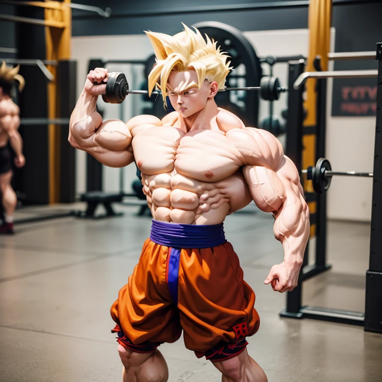 (Eine detaillierte Zeichnung von gohan, bodybuilding gym.), shirtless, huge muscle Body, Big Bizeps, Big shoulders, muscukar legs,abs, barefoot, Hard Training, Carrie Rocks 
