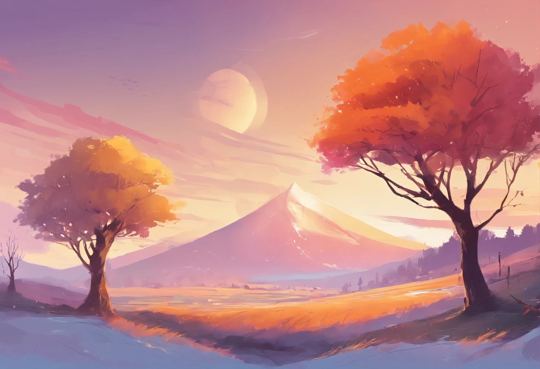 four seasons winter, spring, autumn, summer, digital art, concept art, high quality, seasonal gradient, landscape, trees and moutains, plains