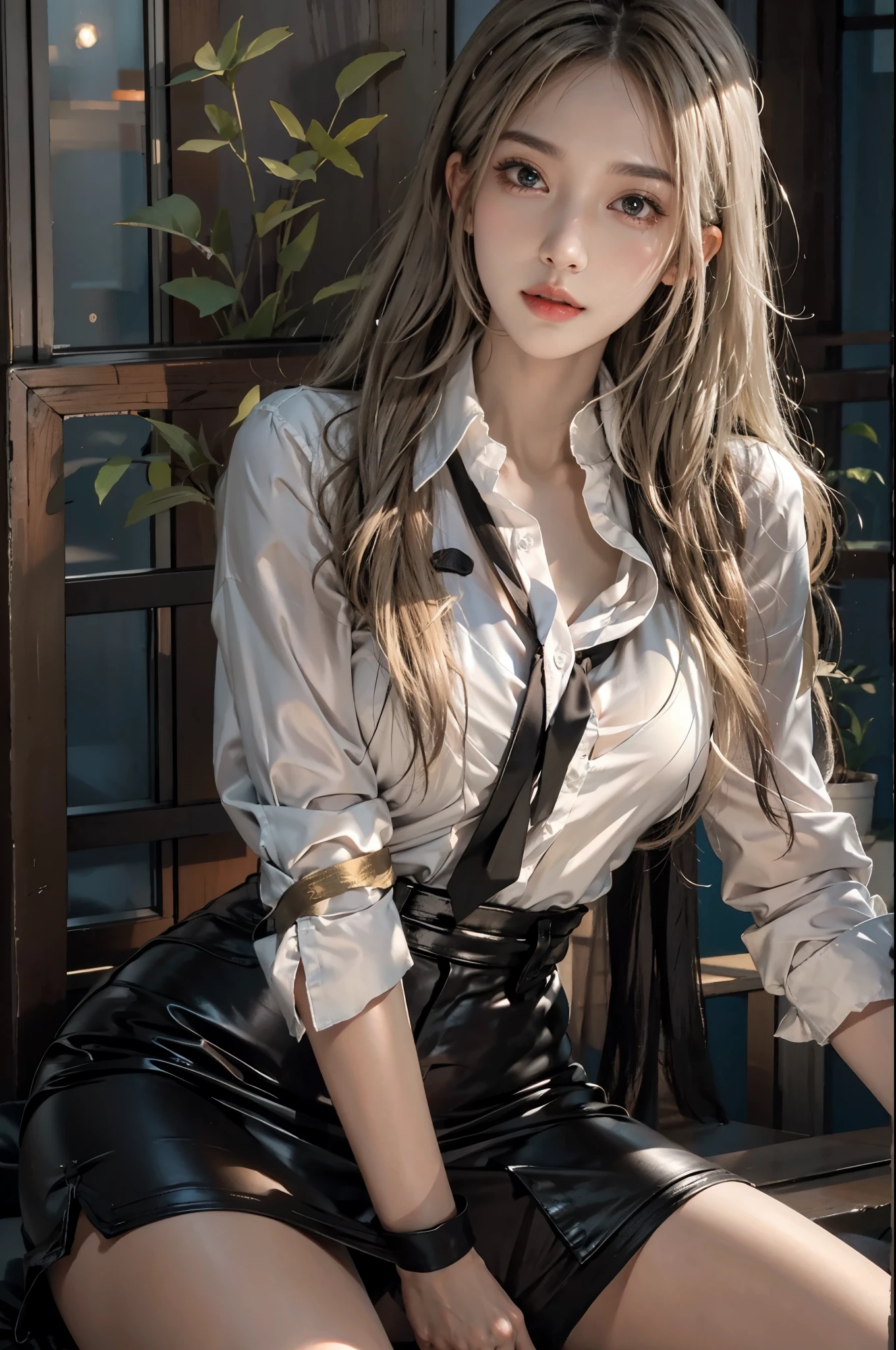realistic, High resolution, soft light,1 female, alone, hip up, glowing skin, (detailed face),tattoo, jewelry, Bizarre uniform, white shirt, black skirt, black stockings, garter belt, night, blonde hair, wavy hair, Beautiful Soldier, Eyes that invite the viewer, lover's perspective, an inviting look, sexy smile, perfect style, perfect balance, fine skin, naughty look, I can see your chest