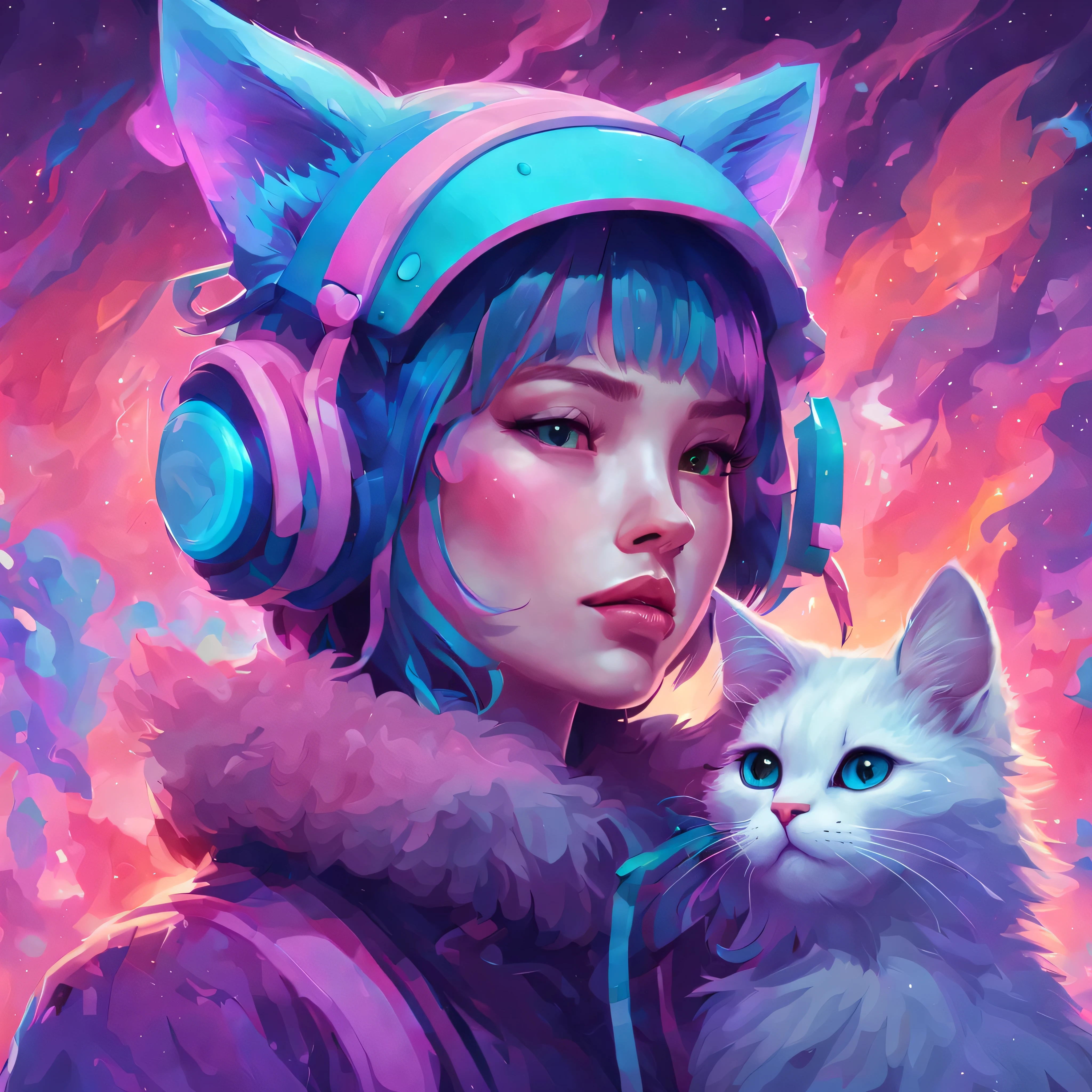 a close up of a person with a cat on their head, loish art style, rossdraws cartoon vibrant, beeple and jeremiah ketner, discord profile picture, dreamy psychedelic anime, colorful concept art, dreamy colorful cyberpunk colors, decora inspired illustrations, rossdraws pastel vibrant, digital anime illustration, vibrant fantasy style, anime vibes, anime style 4 k