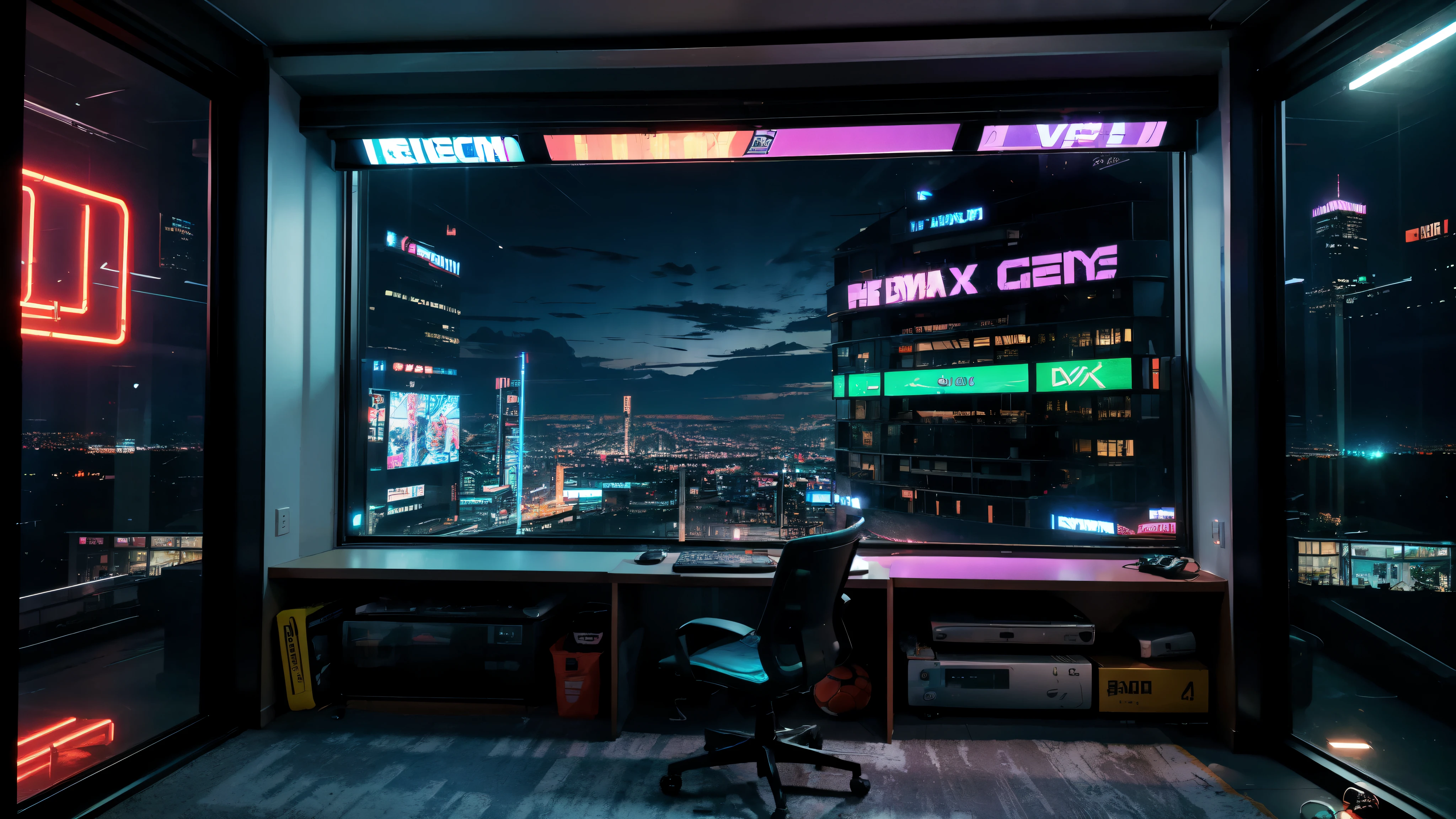 Streamer-Hintergrund, kein Mensch, Fenster im Zimmer, Panorama in the window of a large cyberpunk city at night, There is a large football stadium in the city, Gamer-Raum, aus Sicht des Betrachters gesehen, RGB-Lichter, Neonlichter