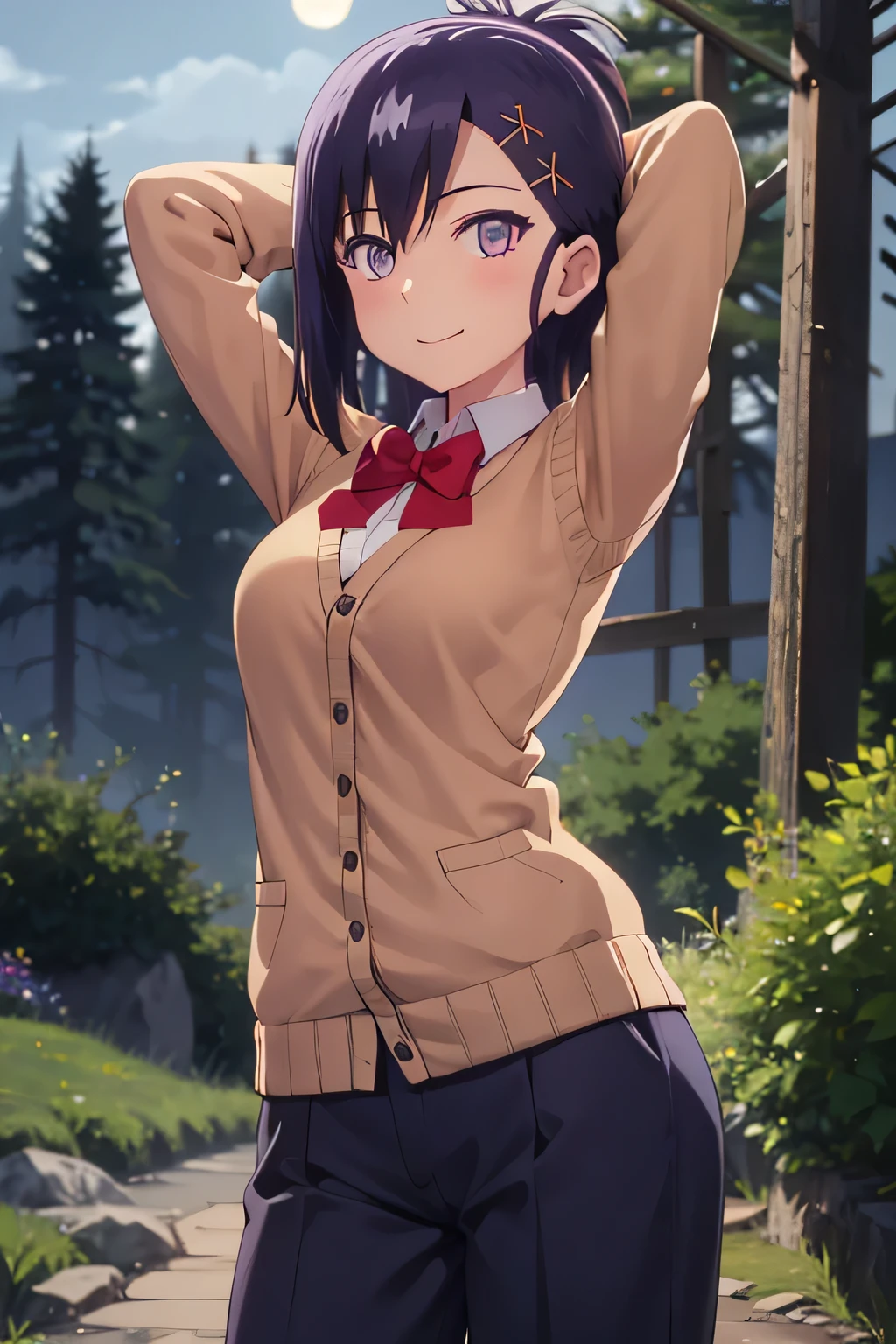 (extremely detailed CG unity 8k wallpaper), (masterpiece), (best quality), (ultra-detailed), (best illustration), (best shadow), (absurdres), 1girl, solo, vignette april tsukinose, school uniform, cardigan, looking at viewer, smile, cowboy shot, closed_mouth, night sky, forest, arms behind head, spread armpits, contrapposto, smile,