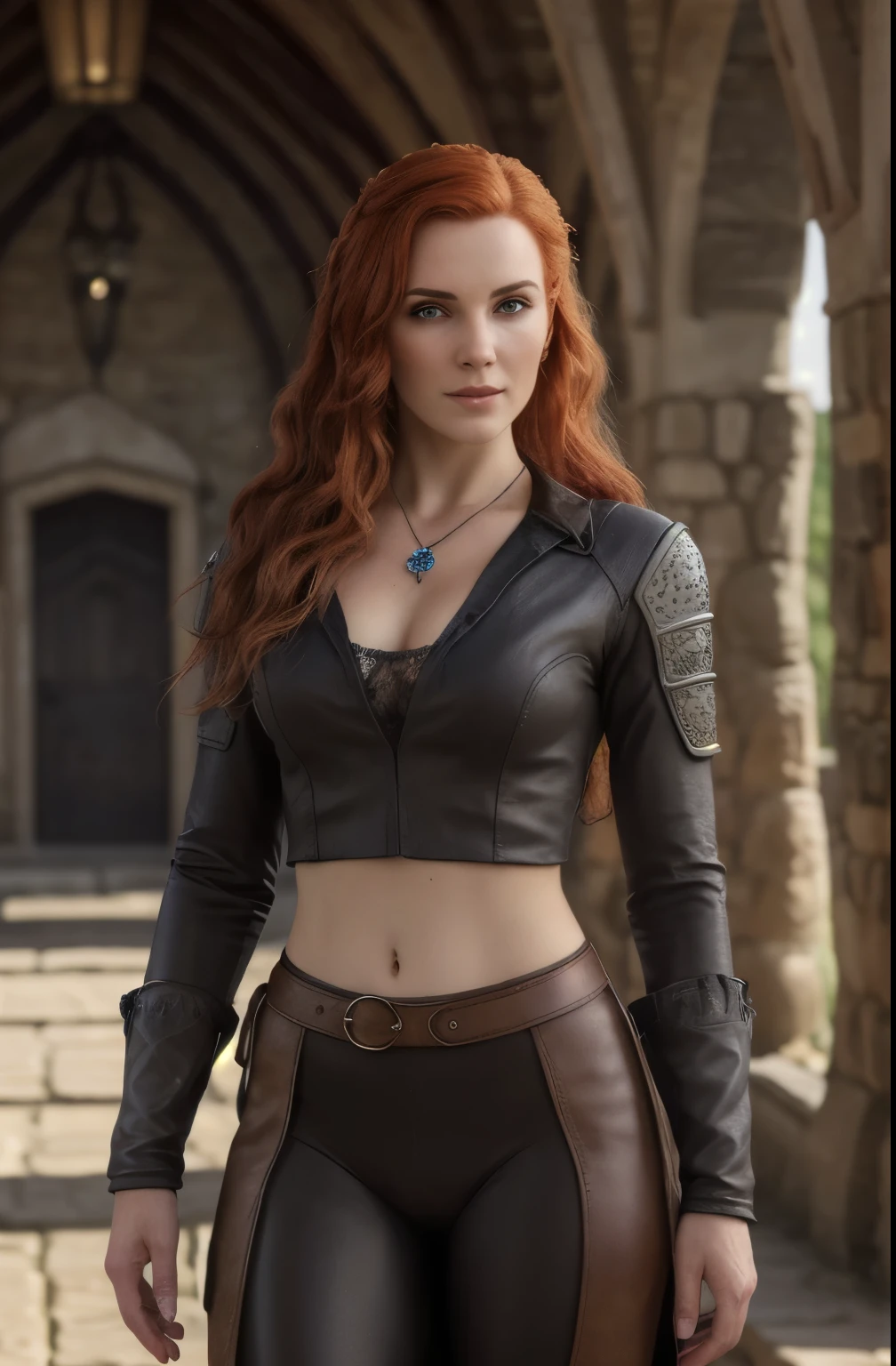 (Realistic:1.2), analog photo, RAW, female sorceress with ginger hair and minuscule clothes, Triss Merigold, fantasy setting in "Witcher" style, full body, soft natural light, cute and sexy, pleasure, detailed face and eyes, better quality, masterpiece, detailed fantasy background with medieval environment, Quality: 16K