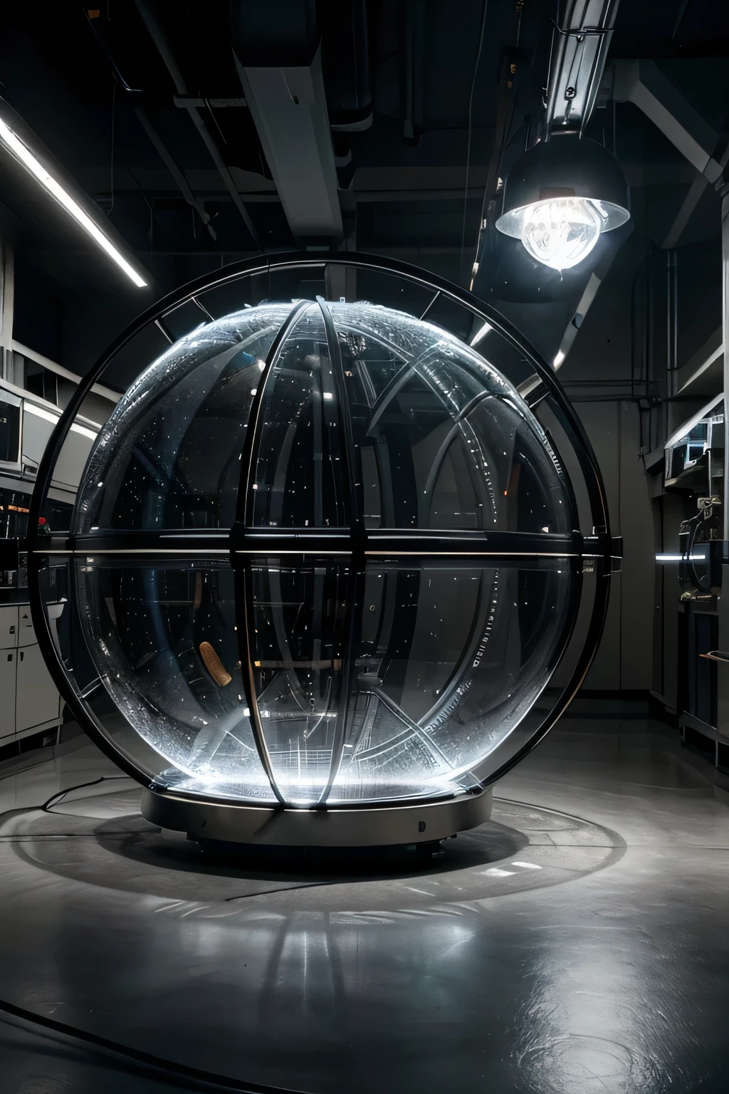 "A captivating image of the Time Machine: a futuristic metallic sphere, repleta de luzes cintilantes, rests in the center of a laboratory. Sua porta circular, entreaberta, emite um brilho misterioso, enquanto linhas de energia tecem ao redor. The environment is filled with an electrically charged atmosphere, indicating the complexity and power of this extraordinary invention. Ao fundo, Shadows cast by the machine&#39;Gears create a sense of suspense and wonder.