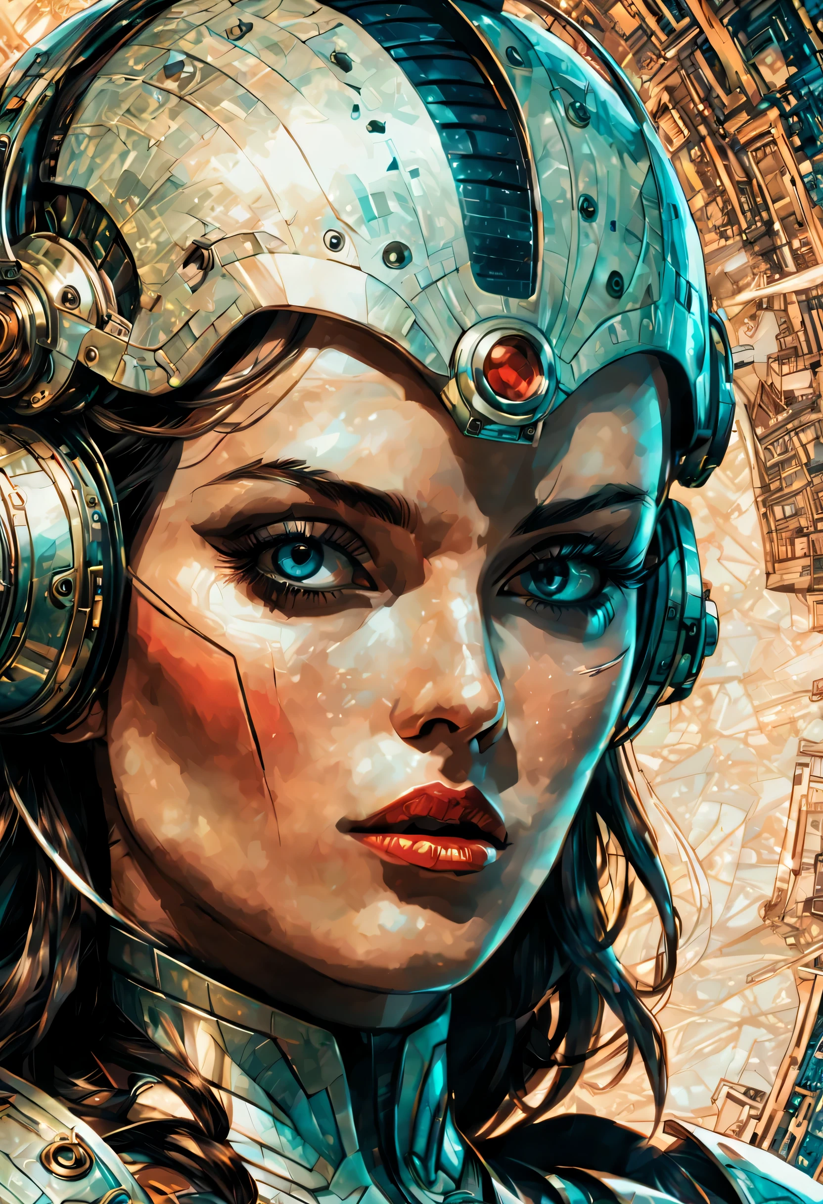 2d artwork, line artwork, comic aesthetics, (close-up:1.5), gorgeous time travel woman warrior, , looking at viewer, surreal, breathtaking high-tech hardware background, line noise, ancient, retrofuturism, old comic paper,