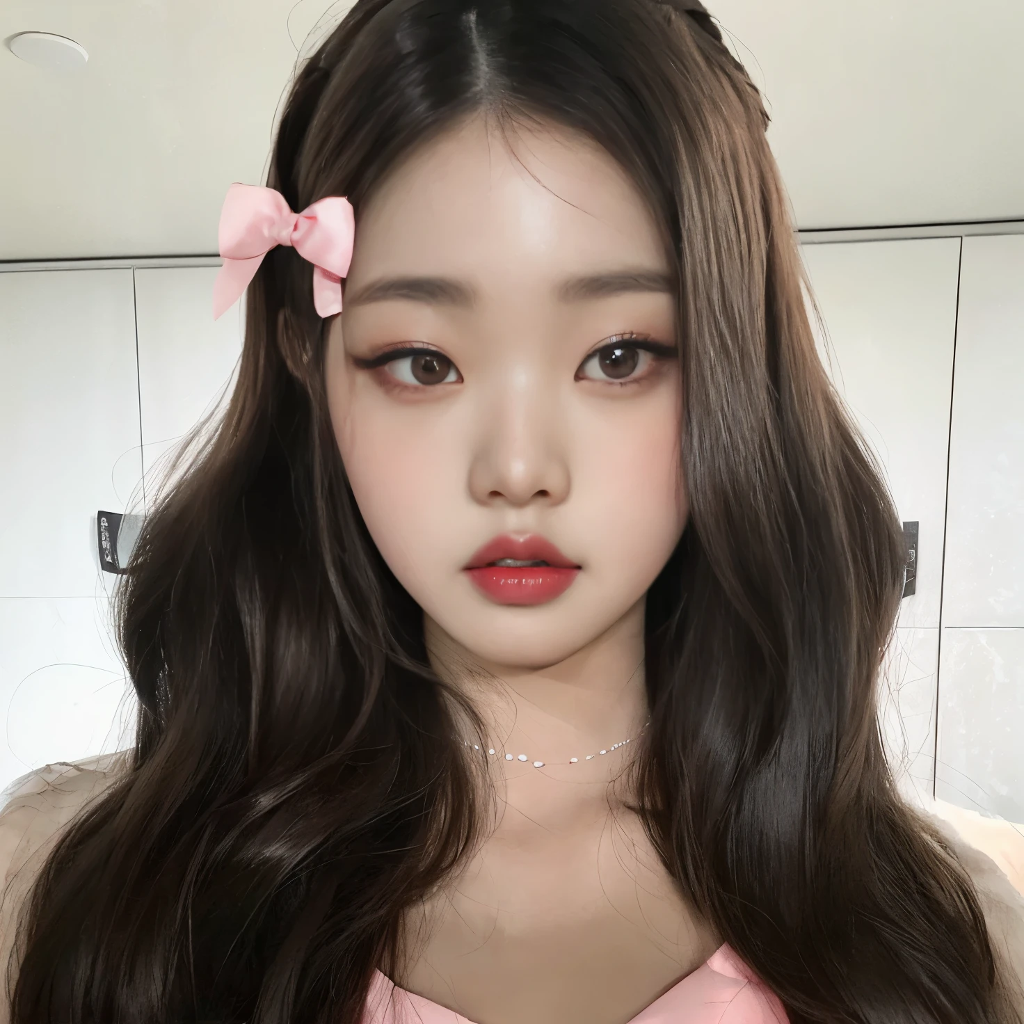 Arafed Asian girl with long hair wearing a pink dress and a pink bow, Ulzzang, jaeyeon nam, Jinyoung Shin, Wan lovely Korean face, jennie blackpink, O corte Hime, Jossi de Blackpink, Young and adorable Korean face, Retrato de Jossi do Blackpink, Lalisa Manobal, Menina coreana, South Korean folk makeup, Korean facial features
