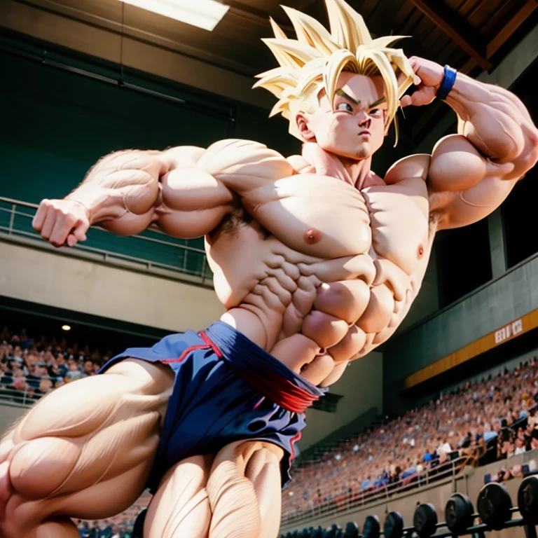 (Eine detaillierte Zeichnung von gohan, bodybuilding gym.), shirtless, huge muscle Body, Big Bizeps, Big shoulders, muscukar legs,abs, barefoot, Karate moves, in Karate dojo