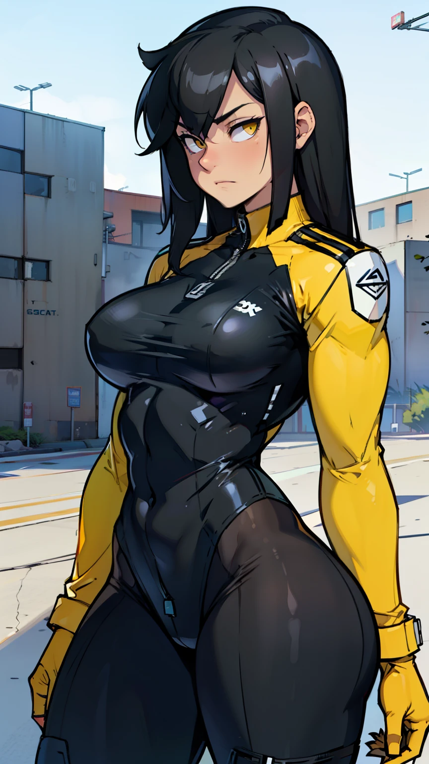 ((muscular)) girl thick thighs large breasts pale skin black hair yellow eyes sad expressionless bodysuit pilot suit
