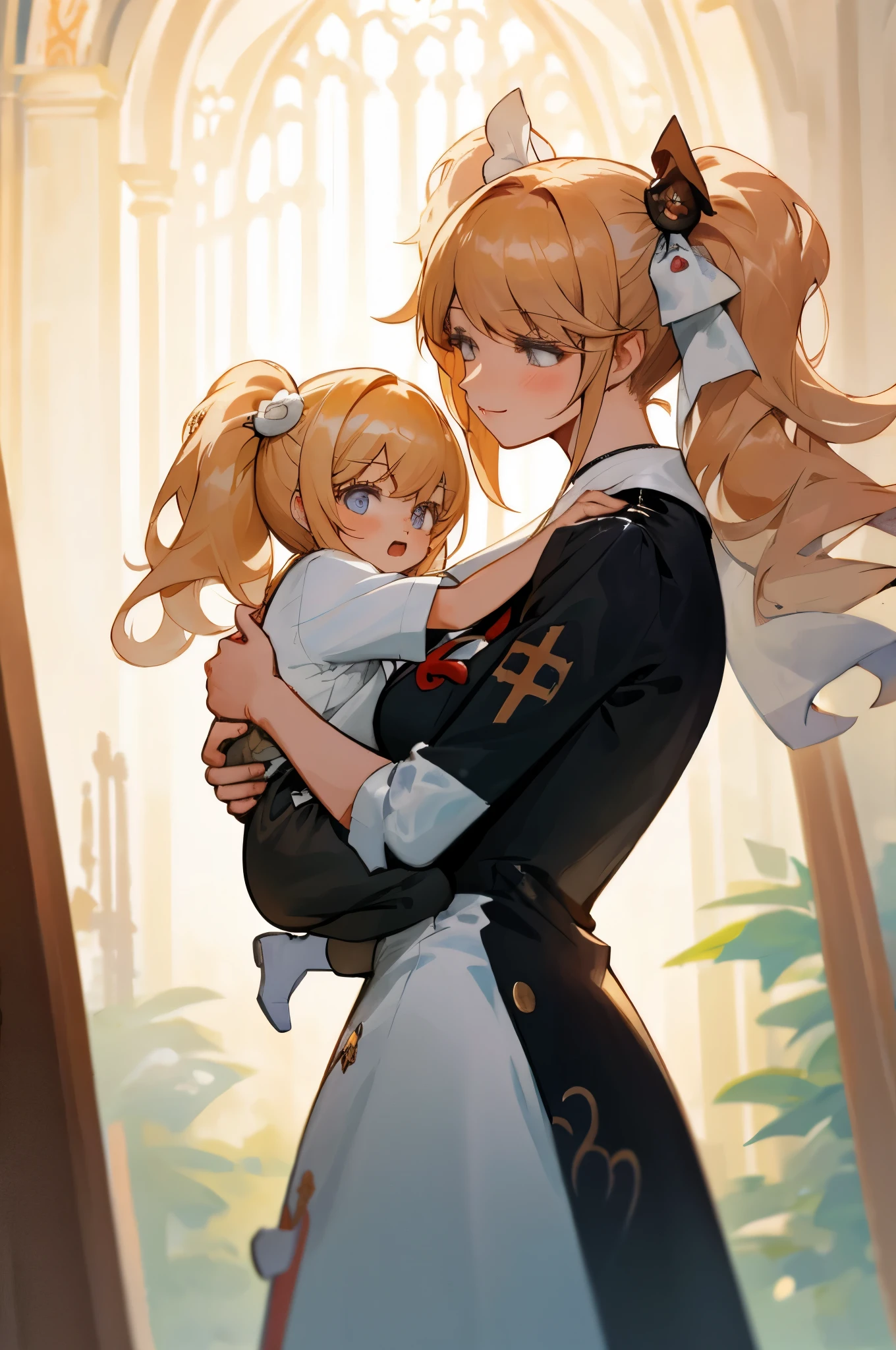 anime image of two women dressed nun posing for a picture like Nun clothing in summer, medium hair, Barbara Curly Blonde Ponytails, a girl in church, anime fantasy illustration, from the azur lane videogame, genshin, nun dress detailed art, two beautiful anime girls, mother and child, symbol of maternal love, happy, mother and child, such as photos of mother and child