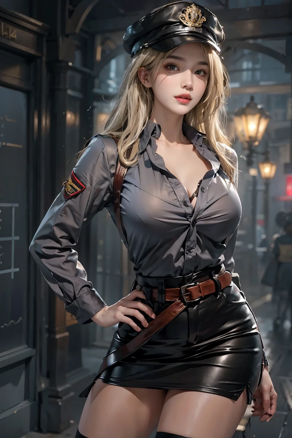 realistic, High resolution, soft light,1 female, alone, hip up, glowing skin, (detailed face),tattoo, jewelry, Bizarre uniform, black stockings, garter belt, night, blonde hair, wavy hair, Beautiful Soldier, Eyes that invite the viewer, lover&#39;s perspective, an inviting look, sexy smile, perfect style, perfect balance, fine skin, naughty look, I can see your chest