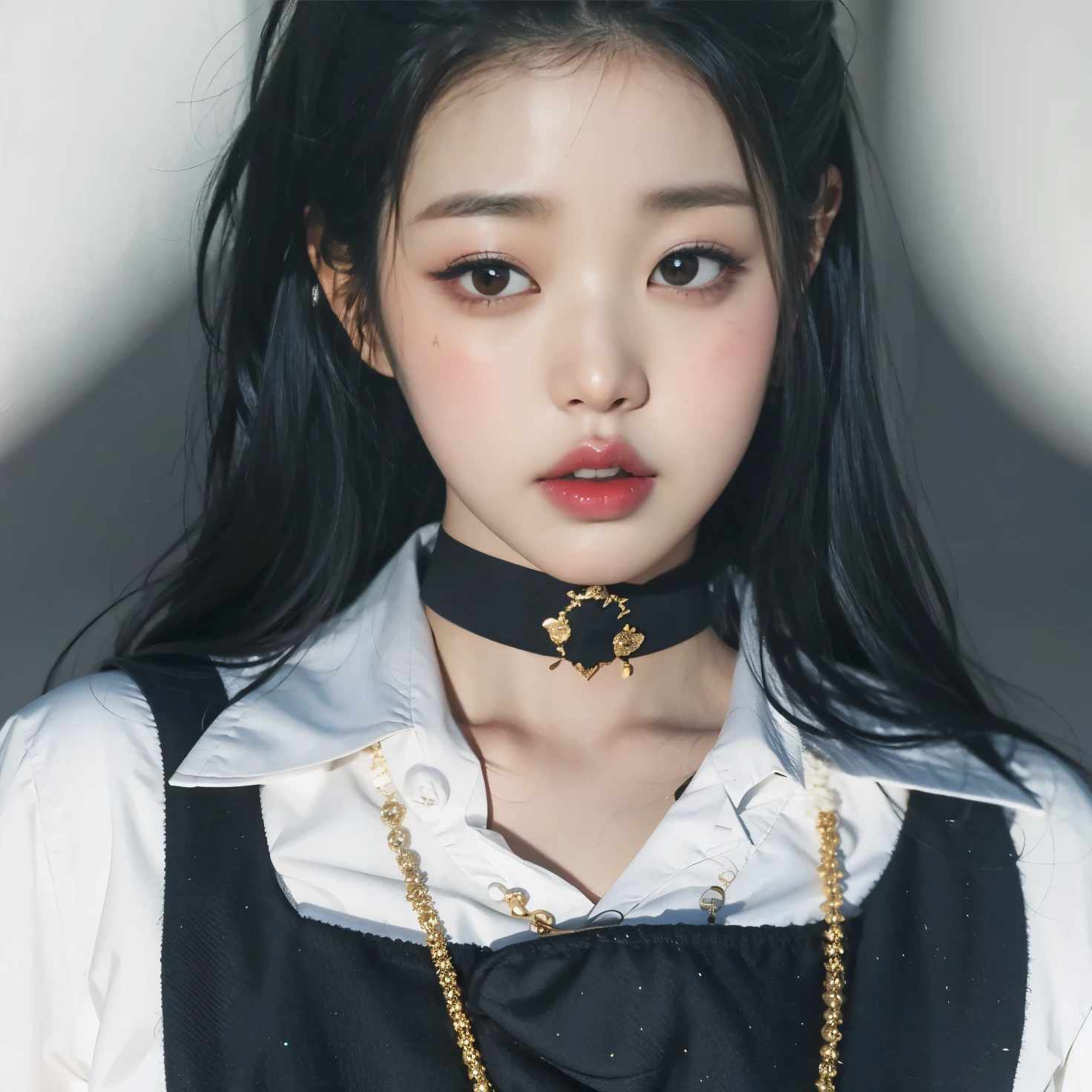 Close-up de uma mulher usando um colar e uma camisa branca, Jinyoung Shin, Retrato de Jossi do Blackpink, cruel korean goth girl, con gargantilha negra, usando gargantilha, Jossi de Blackpink, Heonhwa Choe, Parque Jimin, jaeyeon nam, Portrait of female Korean idol, usando una intrincada gargantilha negra, Ulzzang, gargantilha