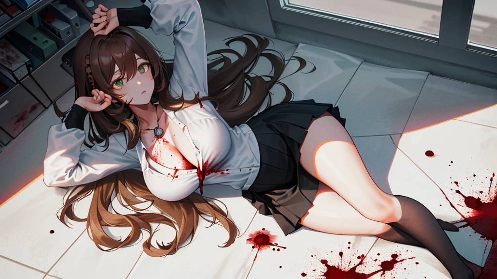 (Lie on the ground:1.2), Lisa, genshin impact, 1 girl, alone, ((white shirt)), black high socks, big breasts, cleavage, uniform, ((Killed)), ((whole body:1.2)), ((From above)), (cinematic lighting), (Put your arms on the ground), ((Sea of Blood)), ((bloody ground)), dutch angle, ((Bloody Body)), ((blood on their clothes)), ((rape face)), (((horror))), ((Open your eyes)), office background, black skirt, pleated skirt, office, hair between eyes, messy hair, large chest, long hair, brown hair, red short nails, green eyes, alone, high socks, ((long slender legs)), very long hair, ((masterpiece)), classroom, board, class board, Beautiful woman, ((highest quality)), (((High resolution))), ((very delicate and beautiful))