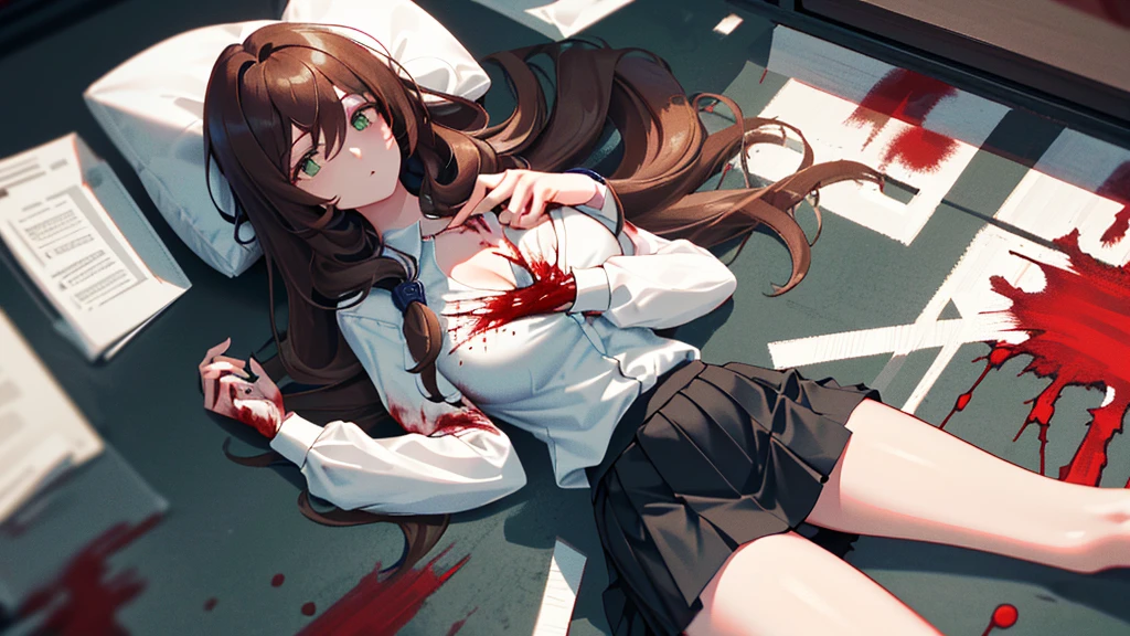 (Lie on the ground:1.2), Lisa, genshin impact, 1 girl, alone, ((white shirt)), black high socks, big breasts, cleavage, uniform, ((Killed)), ((whole body:1.2)), ((From above)), (cinematic lighting), (Put your arms on the ground), ((Sea of Blood)), ((bloody ground)), dutch angle, ((Bloody Body)), ((blood on their clothes)), ((rape face)), (((horror))), ((Open your eyes)), office background, black skirt, pleated skirt, office, hair between eyes, messy hair, large chest, long hair, brown hair, red short nails, green eyes, alone, high socks, ((long slender legs)), very long hair, ((masterpiece)), classroom, board, class board, Beautiful woman, ((highest quality)), (((High resolution))), ((very delicate and beautiful))