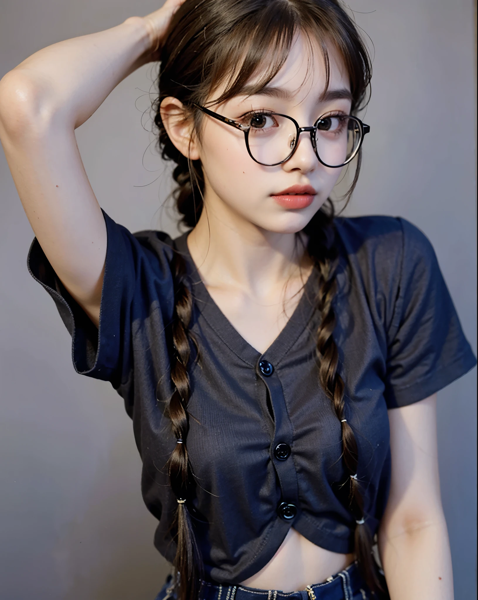 Top quality, one beautiful woman, 20 years old, 35mm lens, f/1, dark brown eyes, glasses, braids, black hair, pale skin, medium chest, slendar body, look at viewer