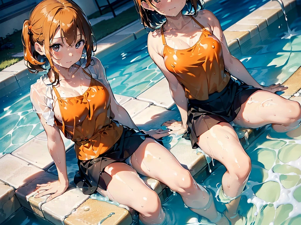 (masterpiece:1.2),highest quality,8k,swimsuit((soaking wet,orange color camisole,Dark blue skirt)),(ぬるぬるローションでsoaking wet:1.2),indoor pool(Slimy lotion:1.4),