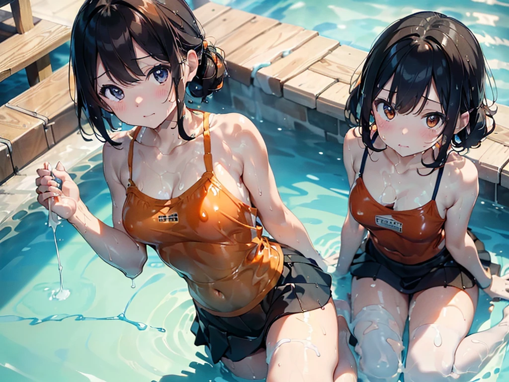 (masterpiece:1.2),highest quality,8k,swimsuit((soaking wet,orange color camisole,Dark blue skirt)),(ぬるぬるローションでsoaking wet:1.2),indoor pool(Slimy lotion:1.4),