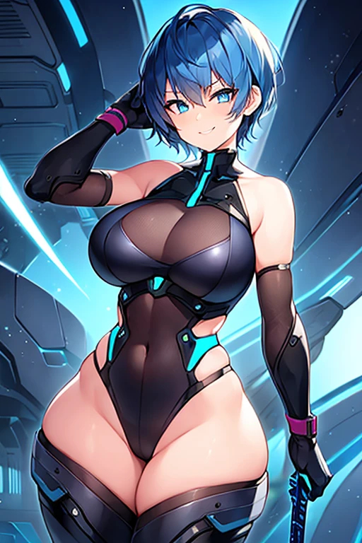 1girl, tomboy, pixie cut, very short hair, blue hair, blue eyes, black , cutout, large breasts, wide hips, thick thighs, neon trim, futuristic, science-fiction, tech, smile, smirk, smug, sword,