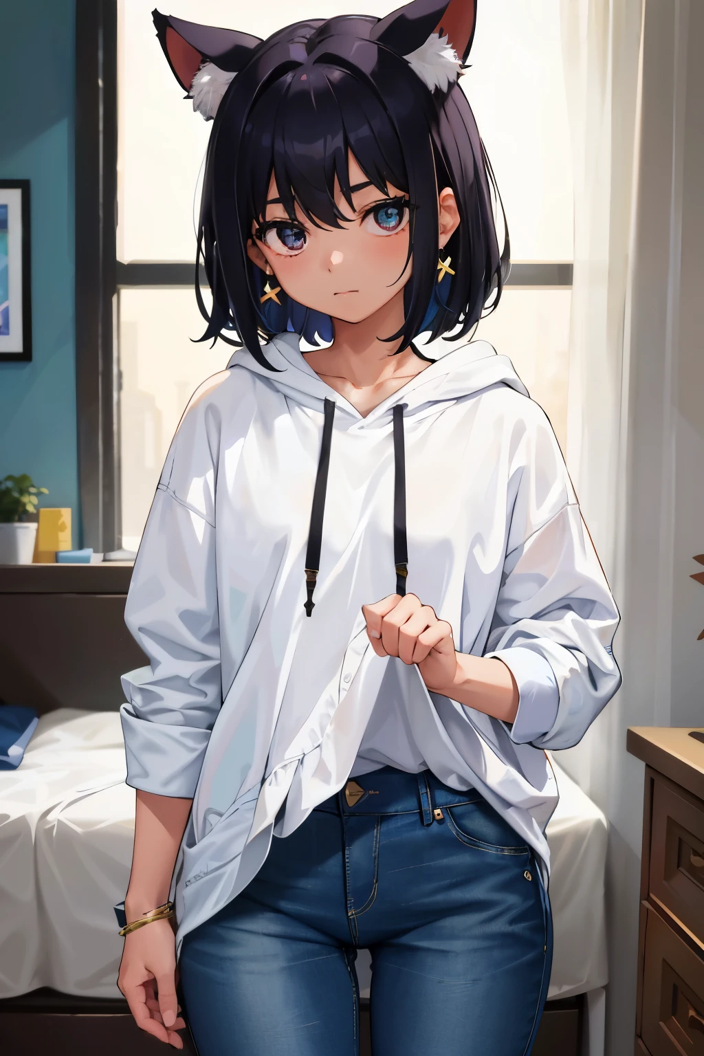 In the dimly lit confines of a bedroom, a solo figure of a young girl can be seen. With bangs that cascade down her forehead, short black hair is styled messily around her shoulders. She's clad in a comfortable white hoodie with a drawstring, which she's pulled up to cover her head, revealing only her eyes and her nose.

Holding a smartphone in her hand, she's positioned in front of a large mirror, her long sleeves slightly pushing up the roll-up sleeves of her jeans. The jeans are of the denim variety and are made unique by the intricate jewelry earrings adorning her ears.

Self-consciously,