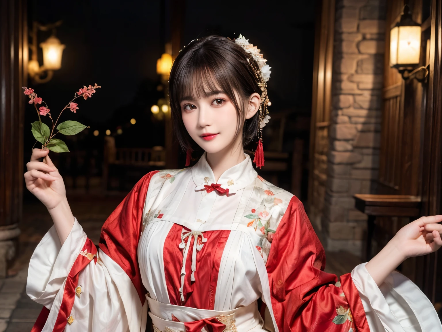 148
(20 year old woman,Floral costume), (surreal), (High resolution), ((beautiful hairstyle 46)), ((short hair:1.46)), (gentle smile), (breasted:1.1), (lipstick)