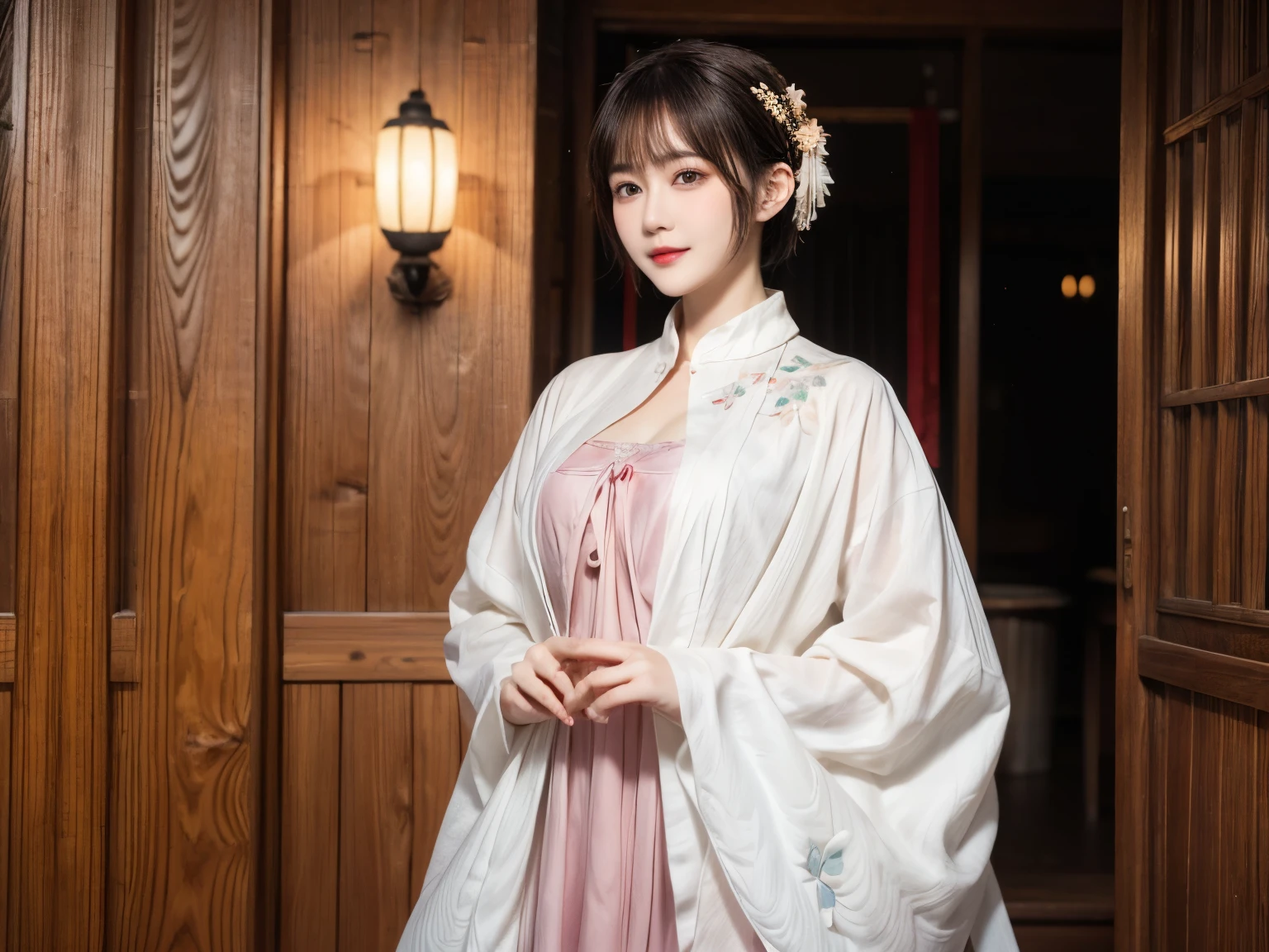 148
(20 year old woman,Floral costume), (surreal), (High resolution), ((beautiful hairstyle 46)), ((short hair:1.46)), (gentle smile), (breasted:1.1), (lipstick)
