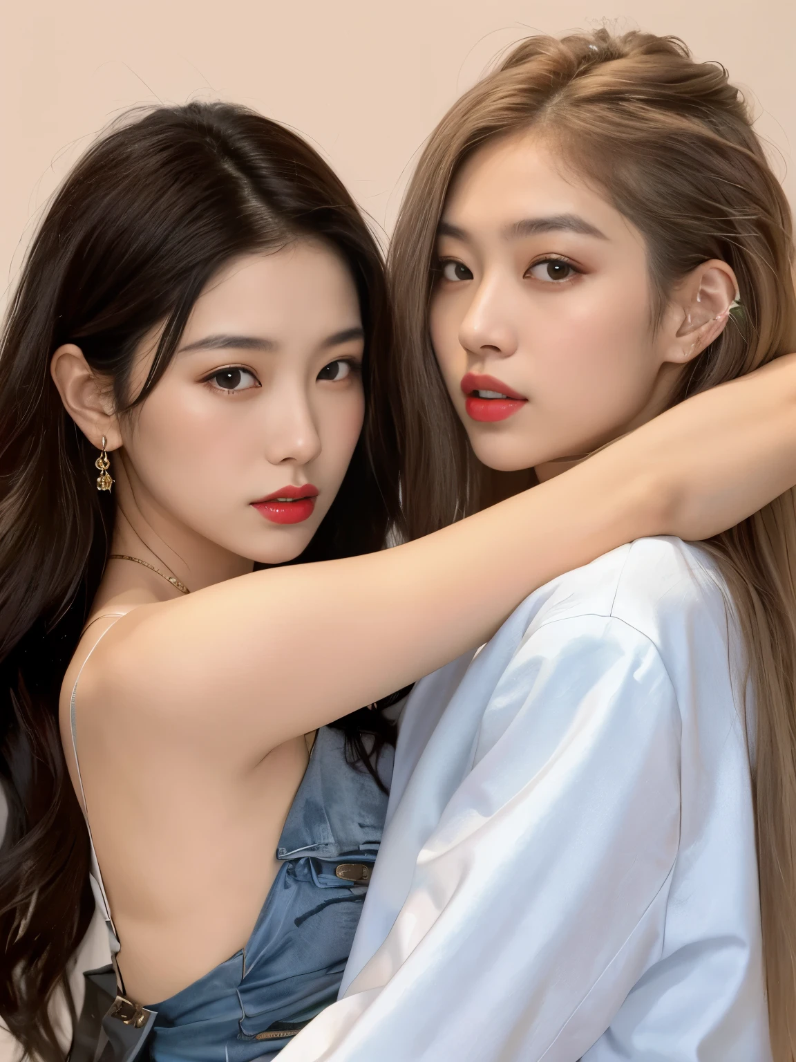 two Asian women posing for a photo in a studio with a white background, maquiagem sul-coreana popular, both have red lips, nixeu and sakimichan, com hera, maquiagem coreana popular, Ulzzang, Yanjun Chengt, Sha Xi, inspirado em Wang Duo, jia, sakimichan, duas vezes, inspirado em Yanjun Cheng