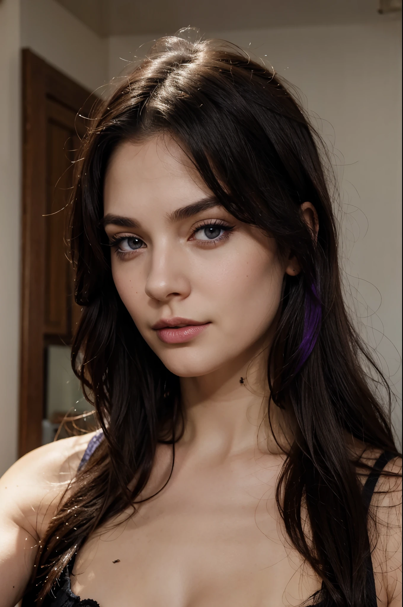 Pale skin, black hair, cleavage
