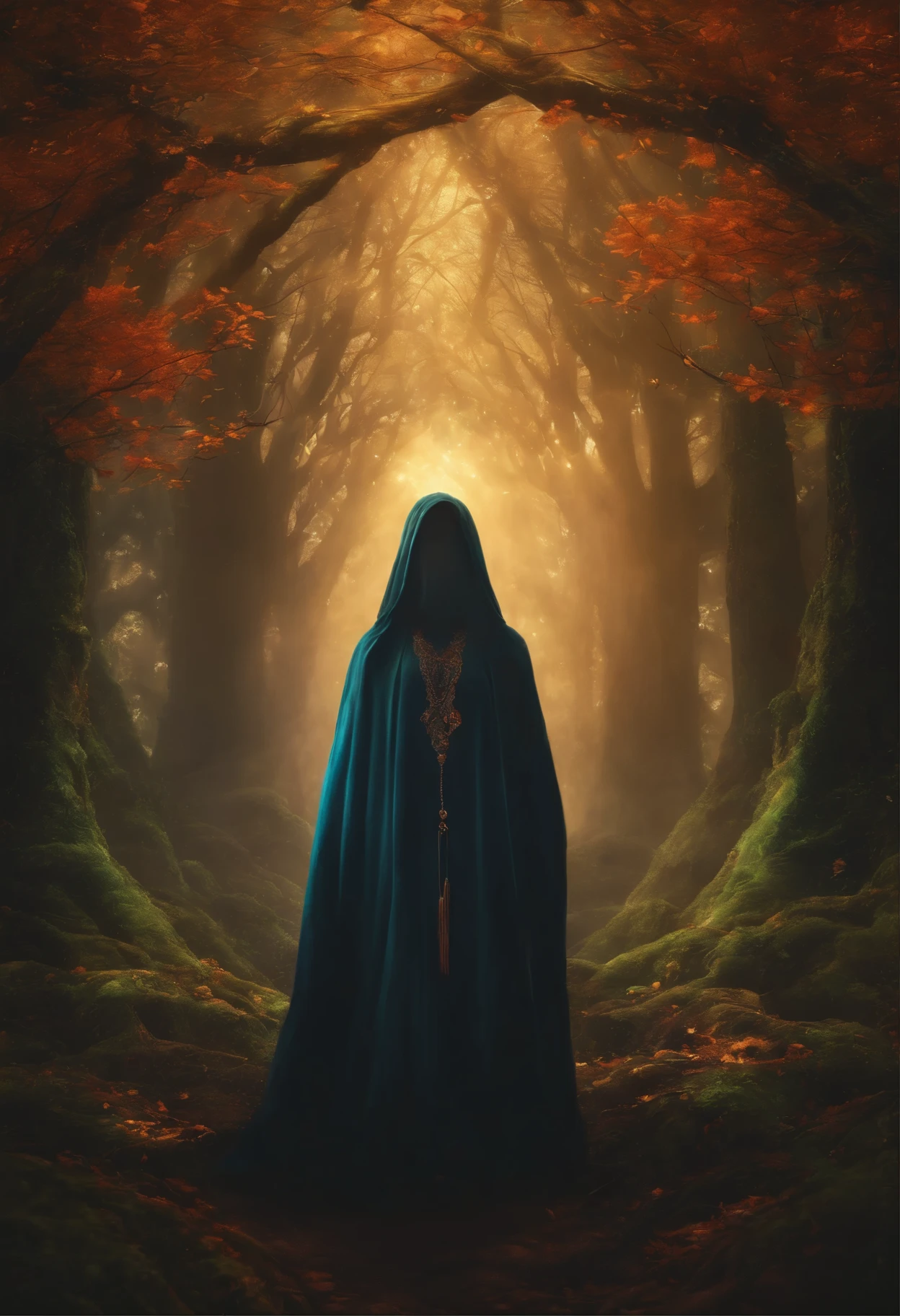 Hooded figure, hidden face, silhouette, magical loom, glowing threads, destiny, vibrant colors, intricate patterns, ethereal light, branches, knowledge, cosmic energy, low light, photorealistic, realistic painting, Close-up portrait, Weaver, fantasy, mystical, glowing threads, stardust, moonlight, loom, loom made of branches and leaves, intricate patterns, magic, destiny, captivating eyes, pale skin, hidden face, dark fantasy, dark, glowing light eyes, eerie, Creepy, nightmarish, Very bright colors, Light particles, with light glowing, Mshiff, wallpaper art, UHD wallpaper