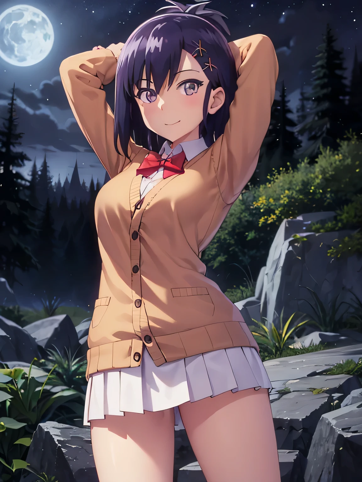 (extremely detailed CG unity 8k wallpaper), (masterpiece), (best quality), (ultra-detailed), (best illustration), (best shadow), (absurdres), 1girl, solo, vignette april tsukinose, school uniform, cardigan, looking at viewer, smile, cowboy shot, closed_mouth, night sky, forest, arms behind head, spread armpits, contrapposto, smile,