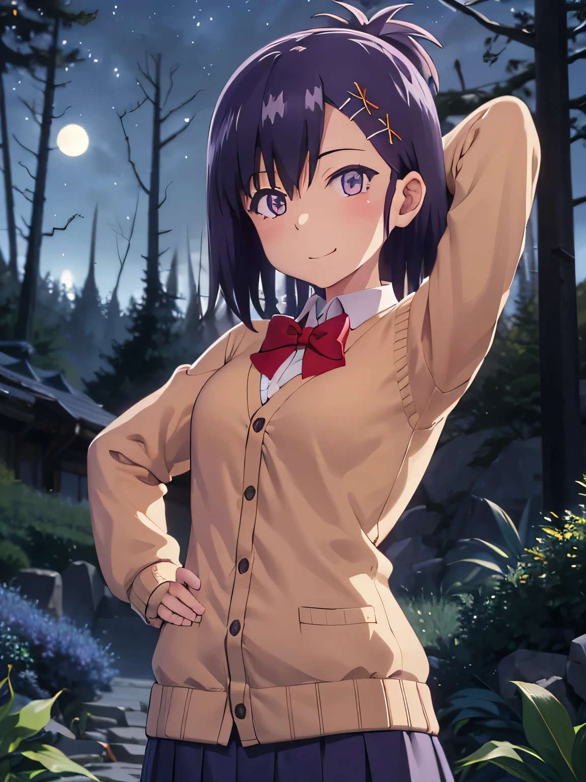 (extremely detailed CG unity 8k wallpaper), (masterpiece), (best quality), (ultra-detailed), (best illustration), (best shadow), (absurdres), 1girl, solo, vignette april tsukinose, school uniform, cardigan, looking at viewer, smile, cowboy shot, closed_mouth, night sky, forest, arms behind head, spread armpits, contrapposto, smile,