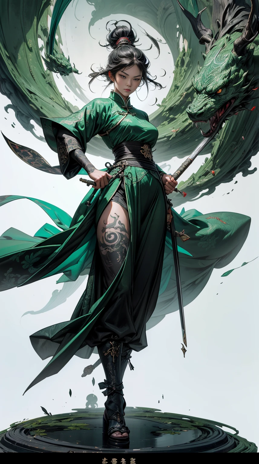 ((Full body Illustration)), high definition|quality|contrast. Magic Fantasy art. a imposing Chinese warrior woman holding a staff in combat pose, ((attack pose)), looking at the viewer, traditional dress in shades of green, tattoo on the leg, (swirl of leaves around), ambient soft light.