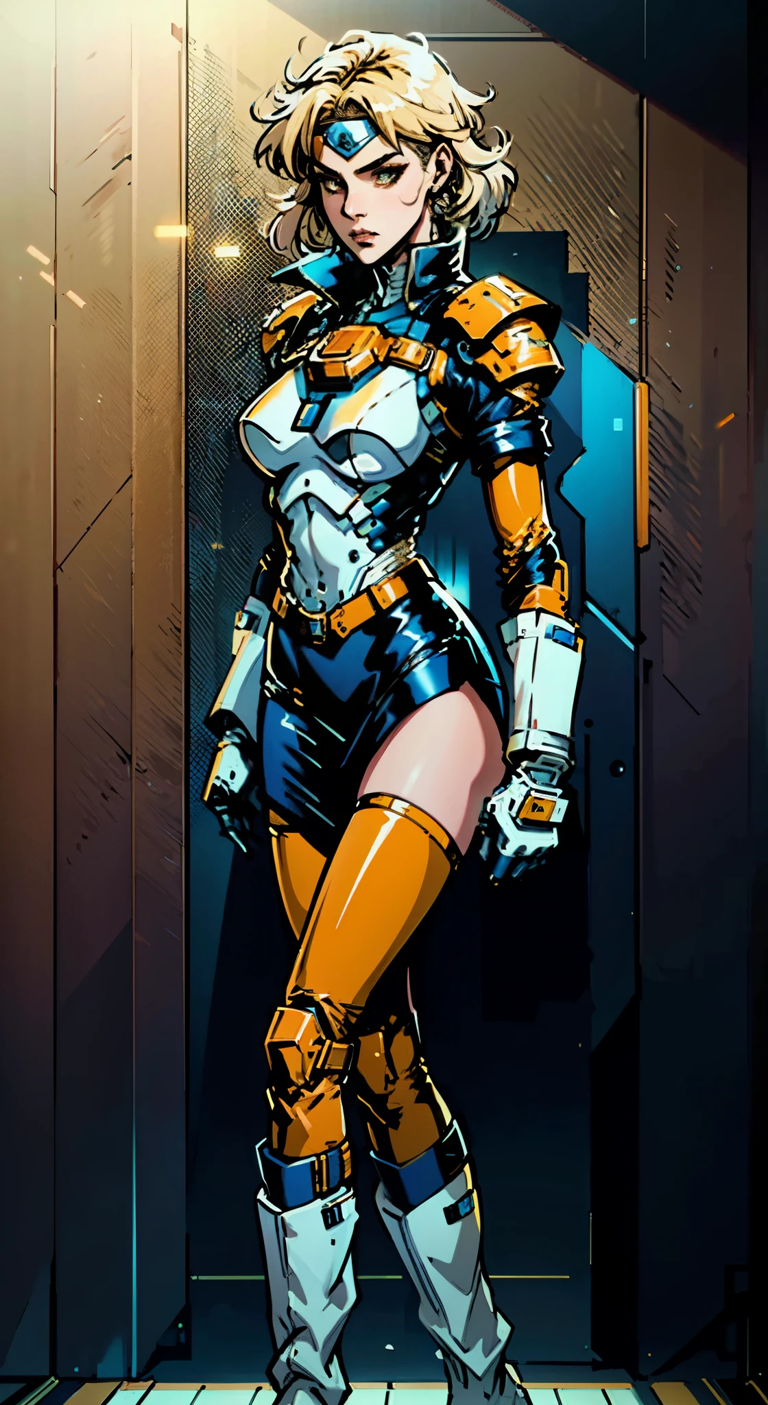 A girl with short light golden hair, a metal headband on her forehead, an icy gaze, a detached expression, a smooth and exquisite facial appearance, a sci-fi military uniform, white as the main color, complemented by blue and yellow accents, short sleeves, gloves, short skirt integrated with the outfit, dark fitted pants, knee-high military boots, standing in a futuristic sci-fi-styled room, Surrounded by AR virtual interfaces, this character embodies a finely crafted a futuristic sci-fi female officer in anime style, exquisite and mature manga art style, high definition, best quality, highres, ultra-detailed, ultra-fine painting, extremely delicate, professional, anatomically correct, symmetrical face, extremely detailed eyes and face, high quality eyes, creativity, RAW photo, UHD, 8k, Natural light, cinematic lighting, masterpiece-anatomy-perfect, masterpiece:1.5