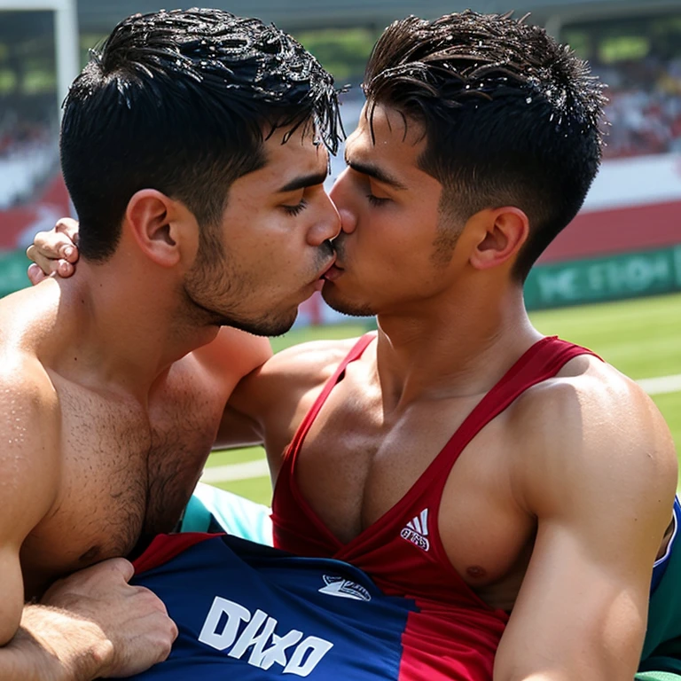 2 Capitanes musculosos de futbol americano inconscientes y sin camisa, d and kissed on the mouth by another yo man smaller and thinner than them, Bulto grande, mostrando pectorales y abdominales completos,wet dreams, Gtion, besos, pornondled