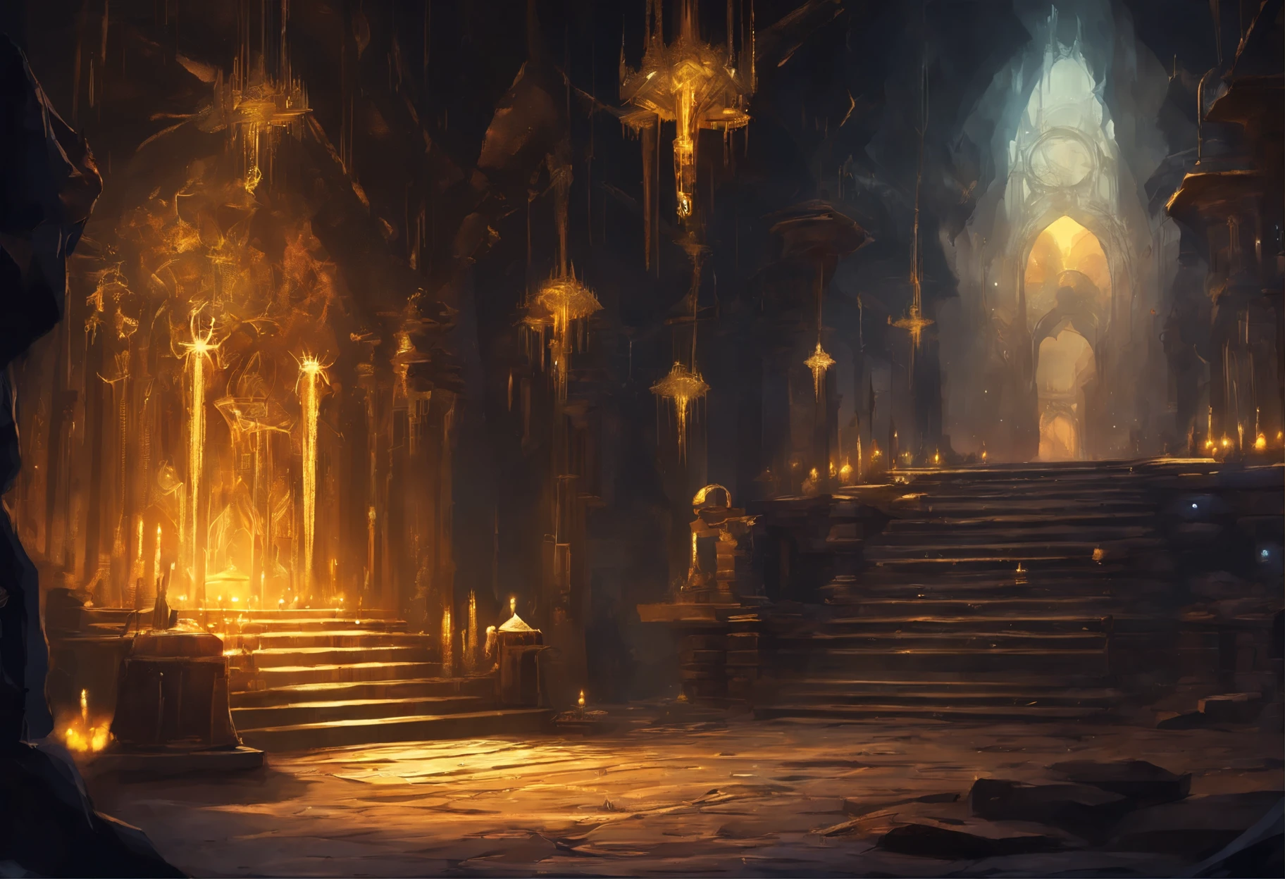 dungeon, gold ornaments, crystals, dark scenery, godrays, raytracing, shaders, digital art, concept art, concept, high quality, masterpiece,