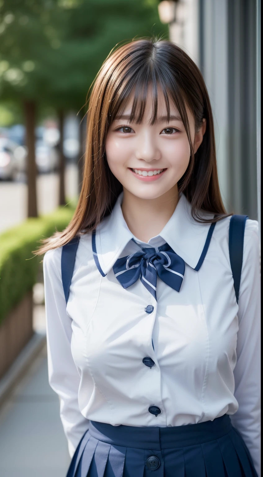 Enhanced dynamic perspective,Cute cute beautiful girl,JK school uniform,Look at me and smile,simple backgound,Works of masters,high quarity,4K resolution,super-fine,Detailed pubic hair,准确,Cinematic lighting,Leaves the original facial proportions、(large full breasts)、((buttonGap))