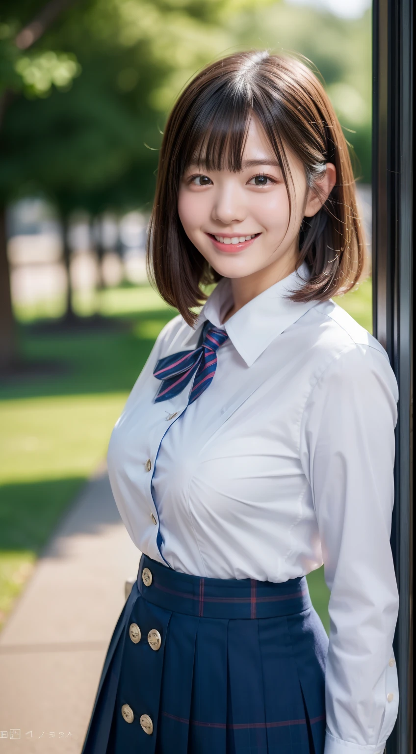 Enhanced dynamic perspective，Cute cute beautiful girl，JK school uniform，Look at me and smile，simple backgound，Works of masters，high quarity，4K resolution，super-fine，Detailed pubic hair，准确，Cinematic lighting，Leaves the original facial proportions、(large full breasts)、((buttonGap))