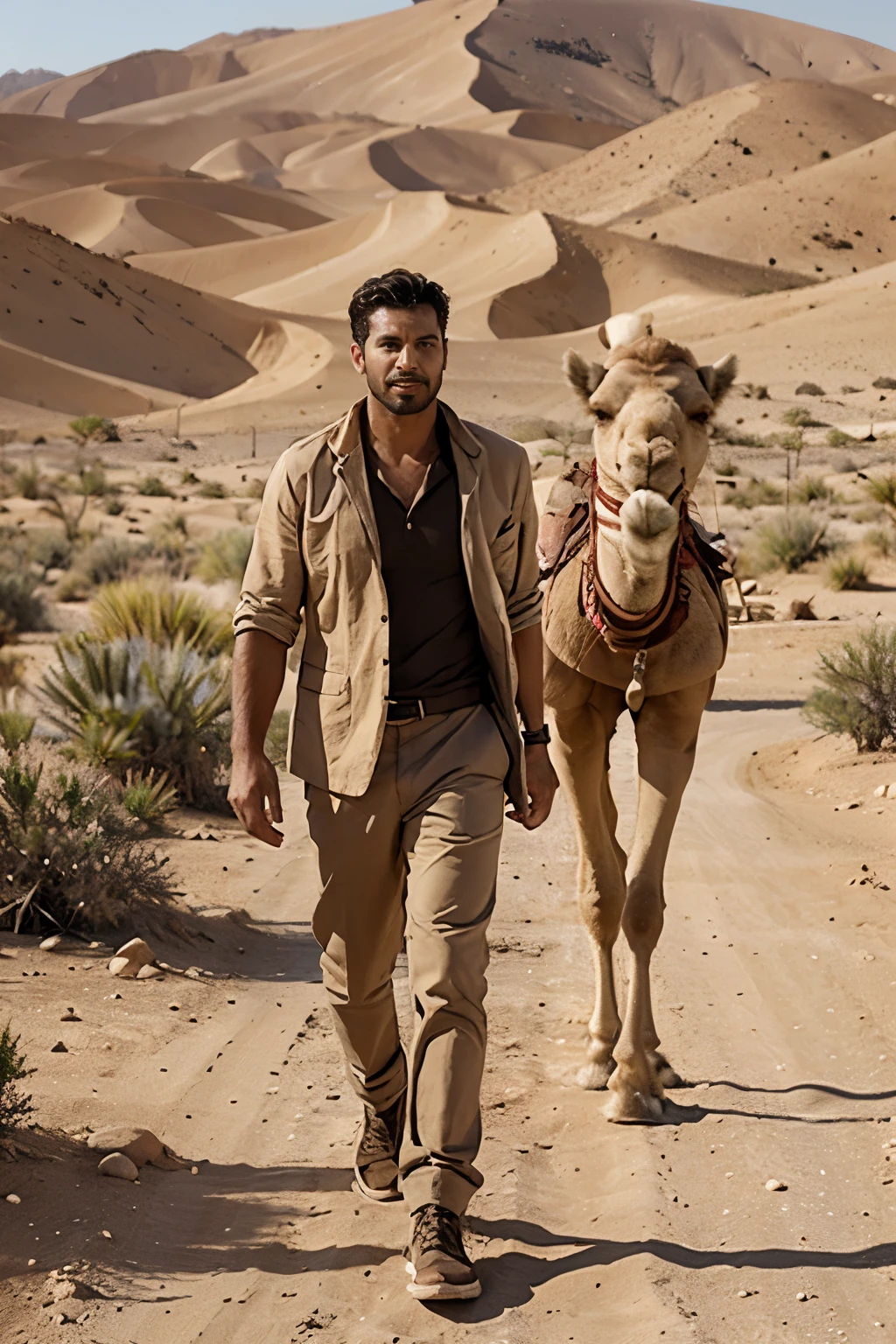 A handsome beautiful slim white skin shirtless man in the desert with two leopards